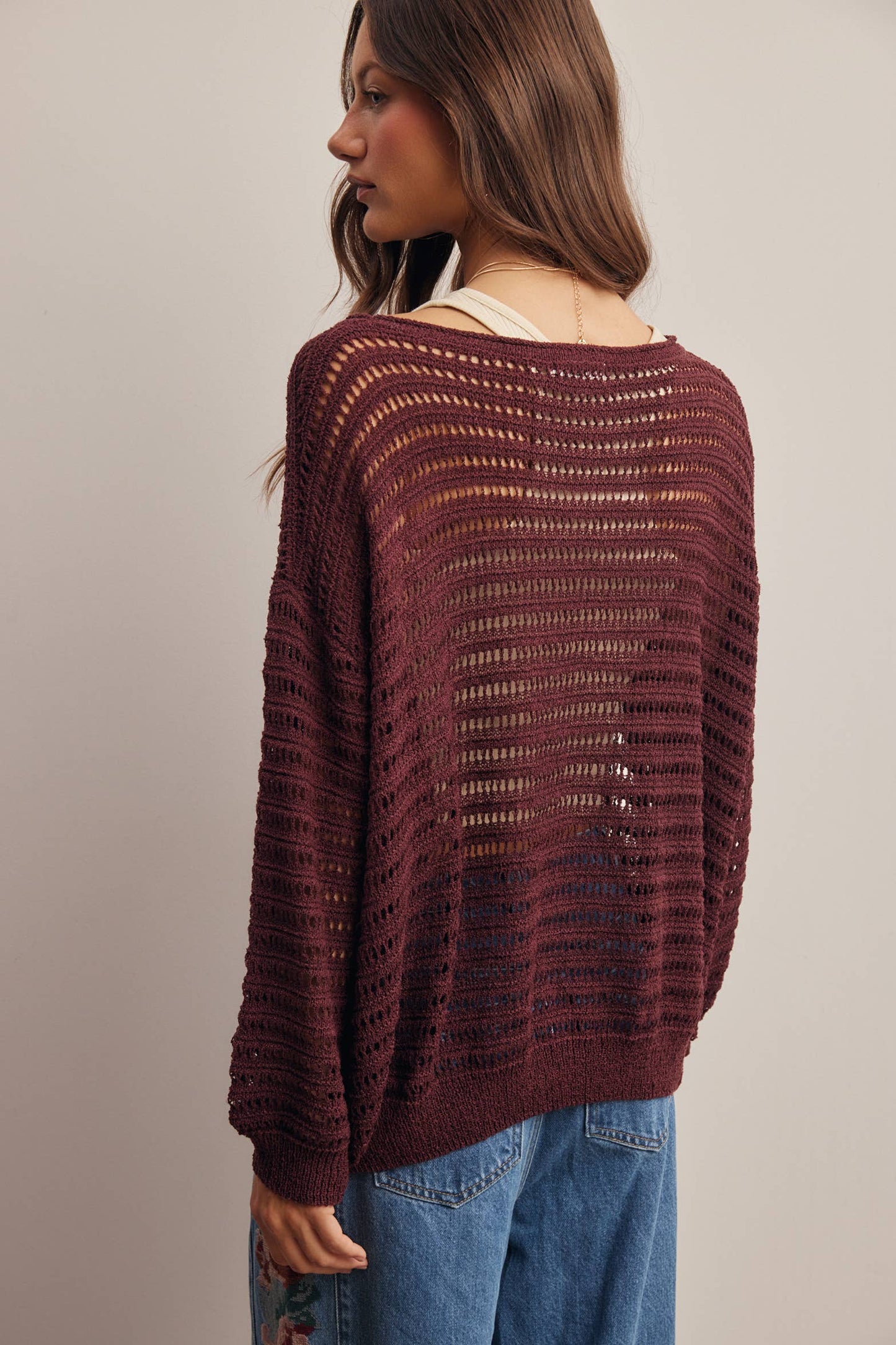 Open-Knit Stripe Sweater in Burgundy