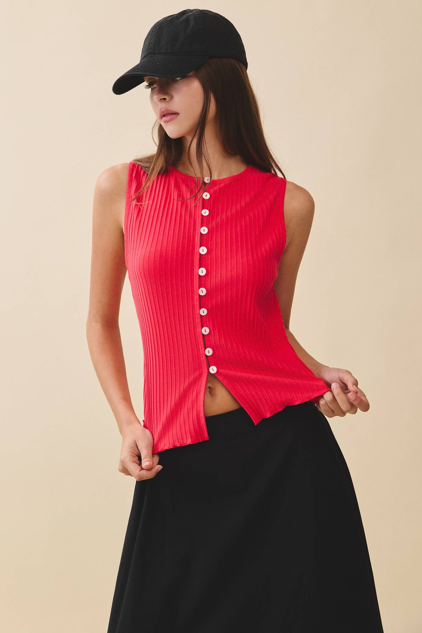 Ribbed Button Front Tank Top