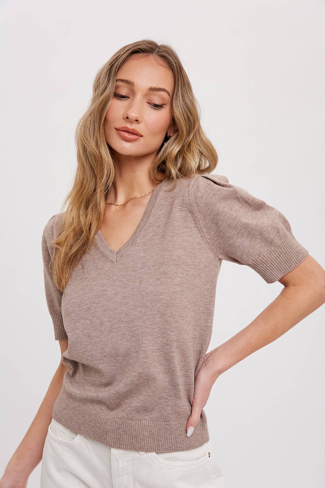 V-Neck puff sleeve lightweight sweater