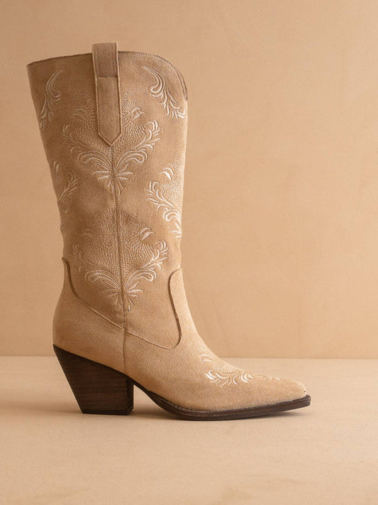 The Kamilla | Almond Suede Cowboy Boot with Embroidery in Almond