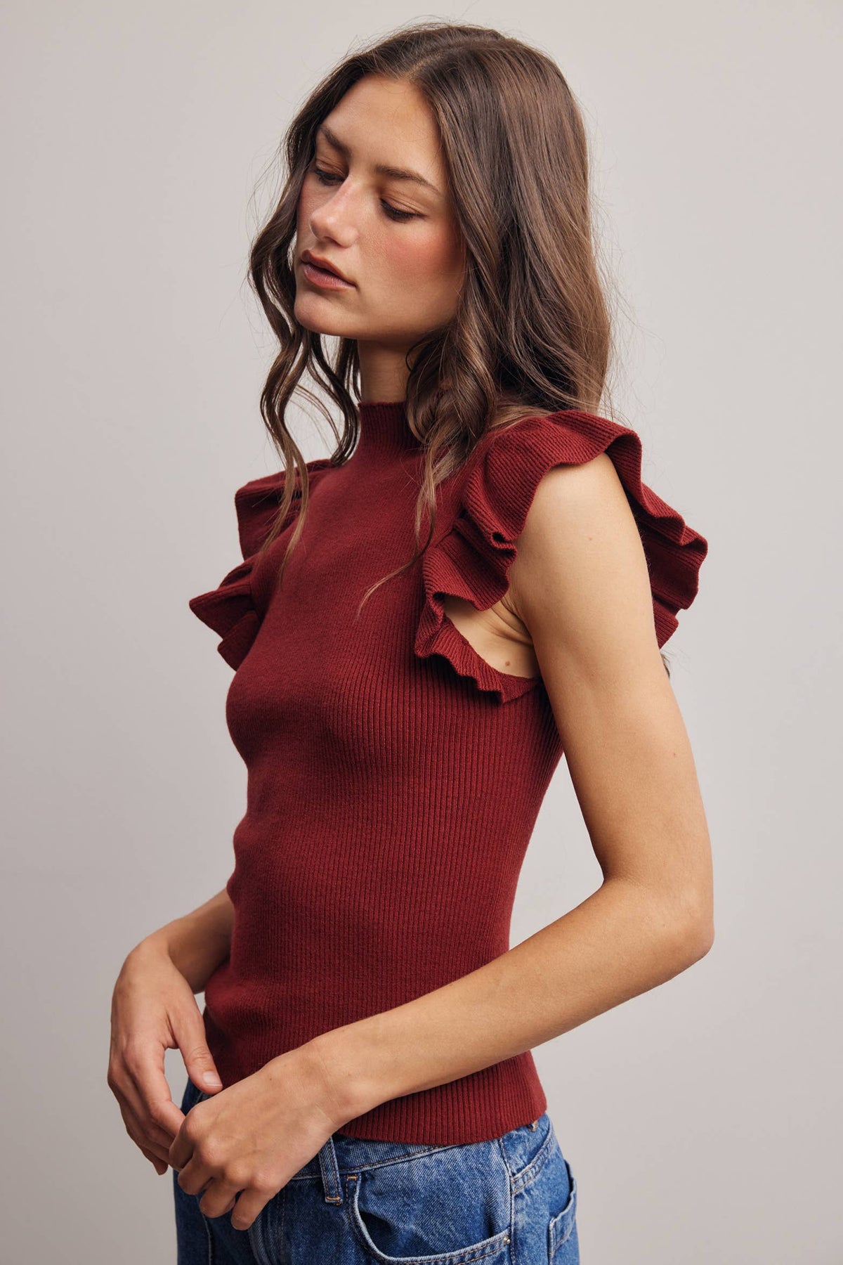 Ruffle Sleeve Rib Knit Top