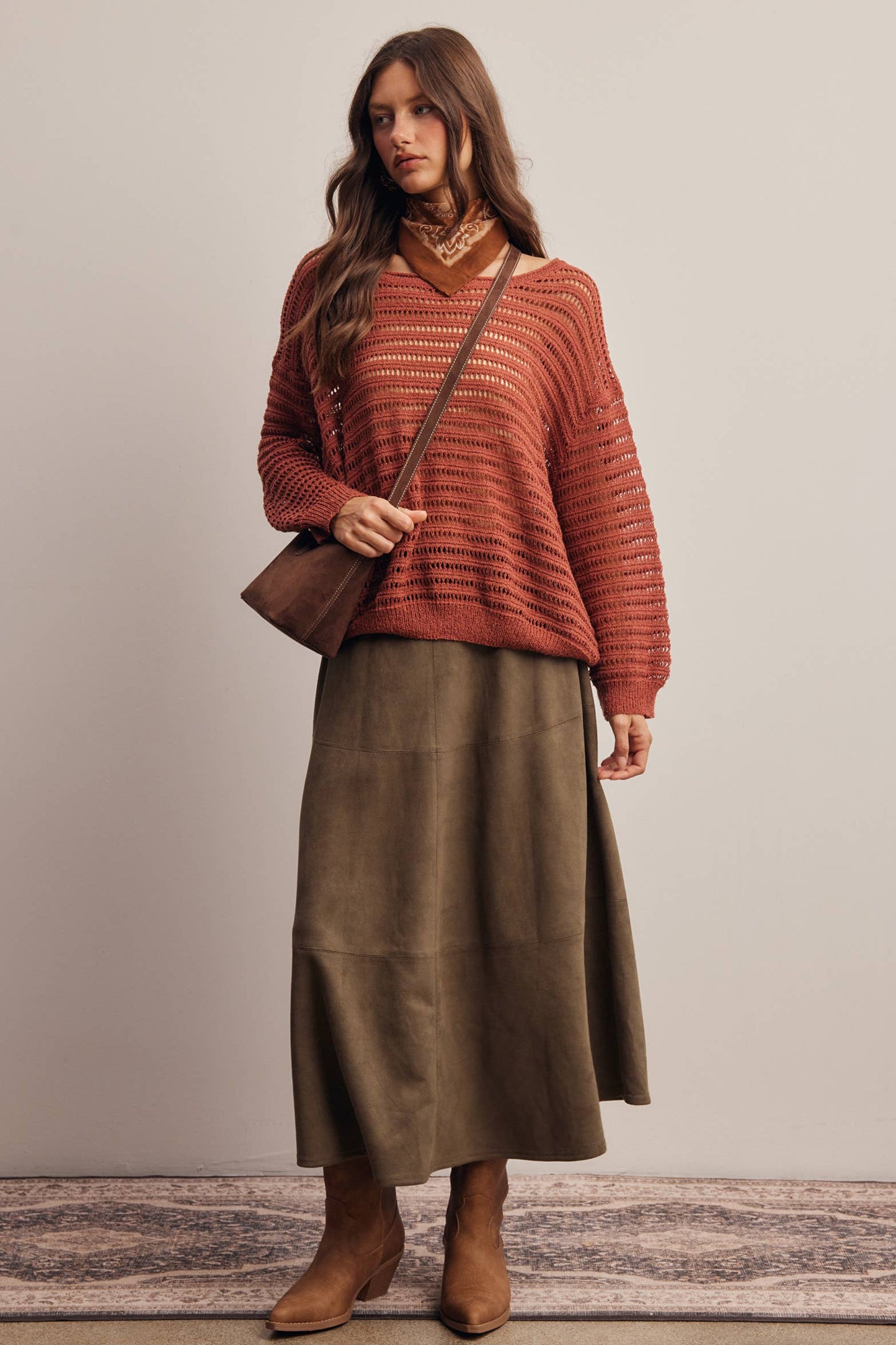 Open-Knit Stripe Sweater Top in Terracotta