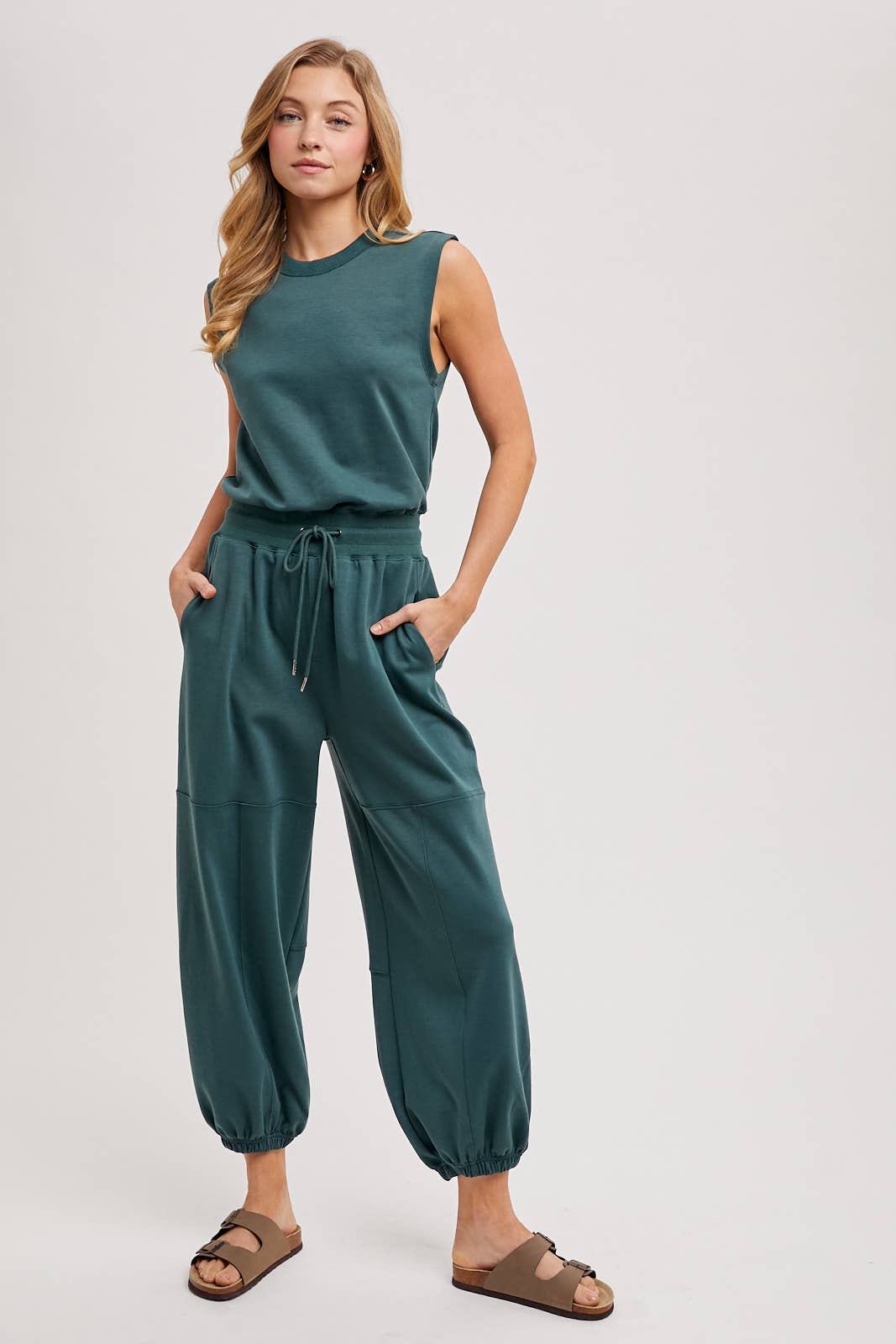 DRAWSTRING WAIST SLEEVELESS KNIT ACTIVE JUMPSUIT in Hunter Green