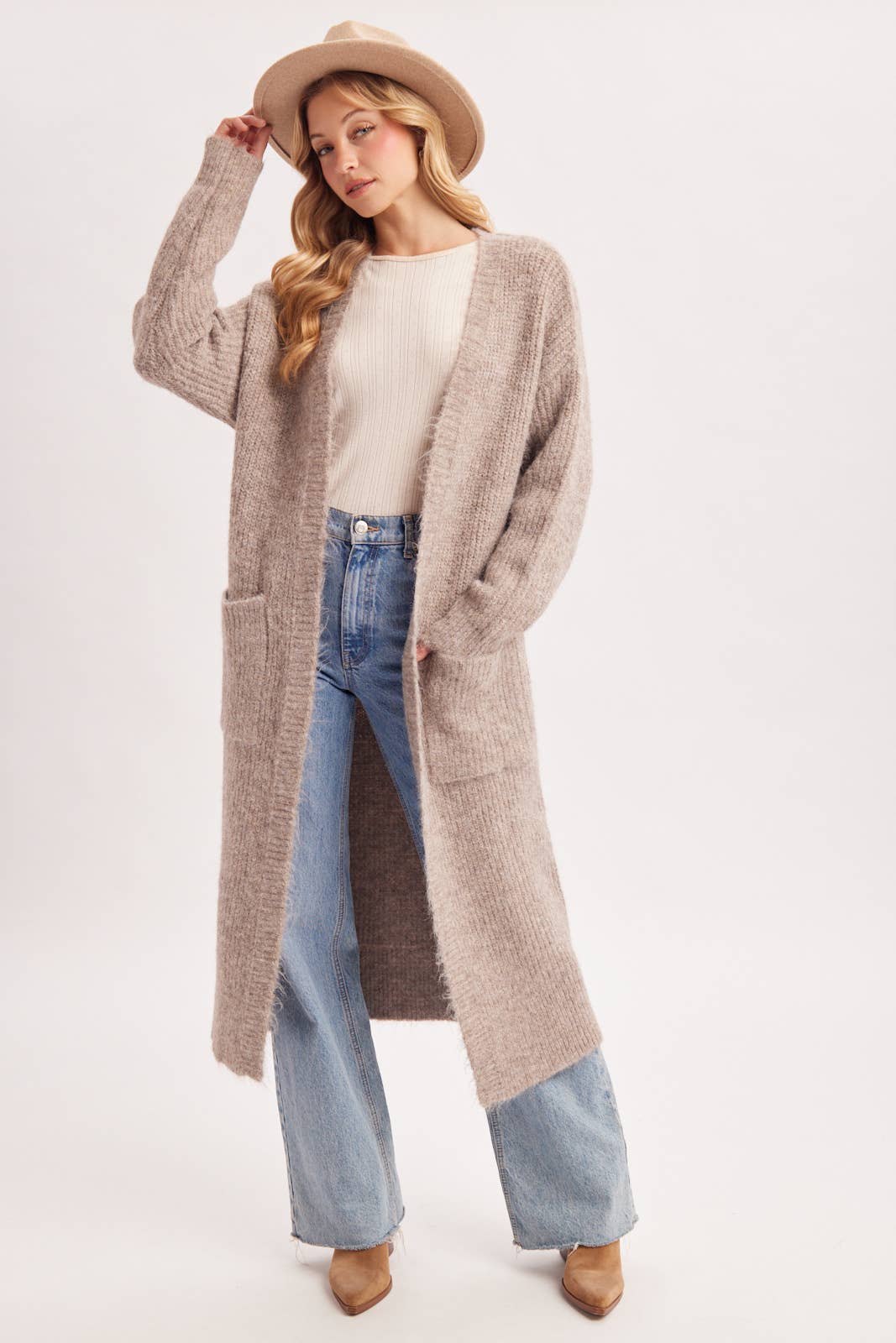 OPEN FRONT LONGLINE FUZZY KNIT SWEATER CARDIGAN in Taupe