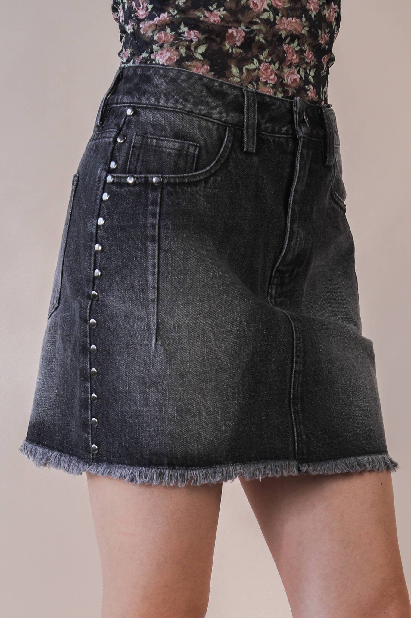 Side Stud Detail Washed Denim Mini Skirt