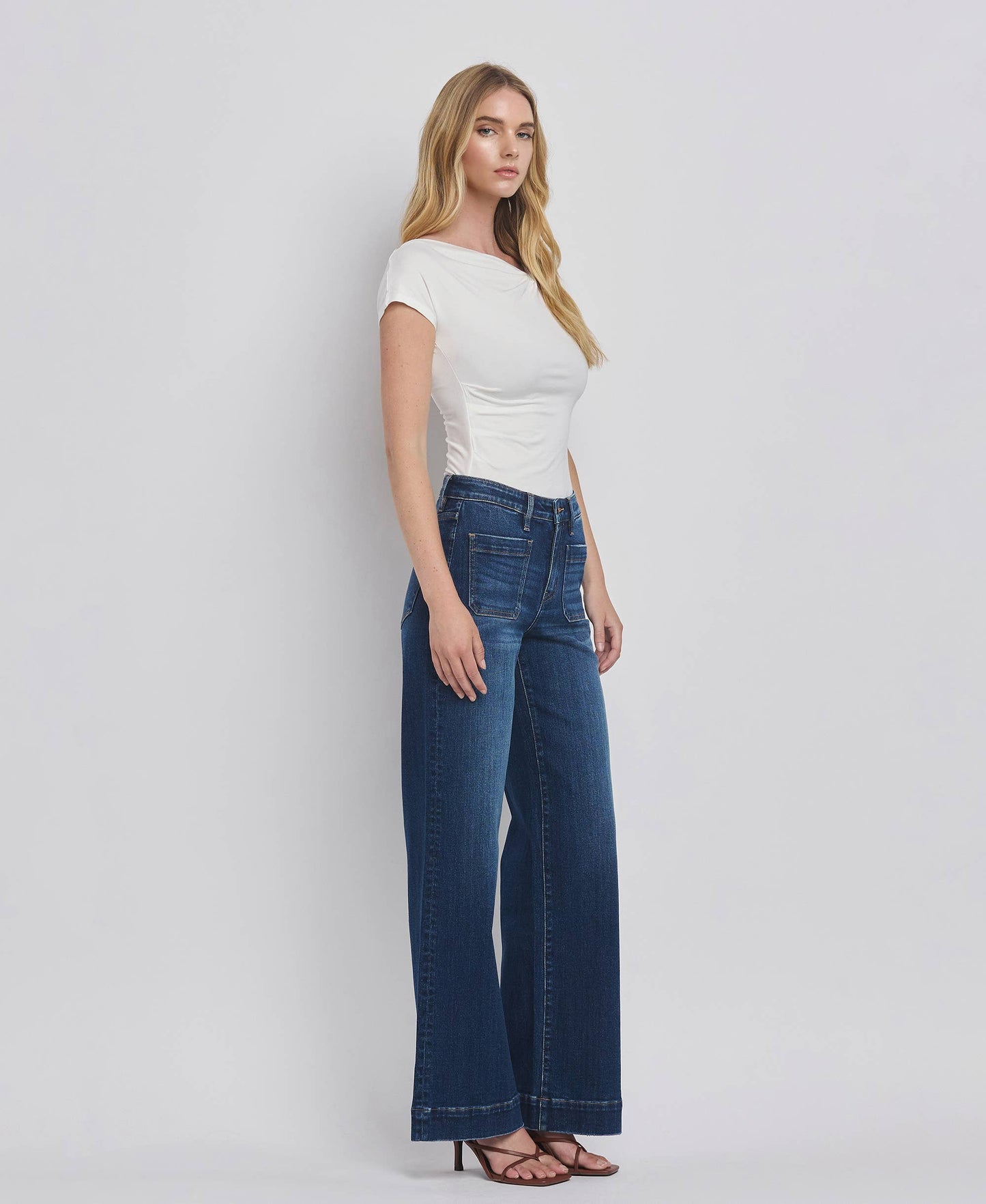 FLYING MONKEY HIGH RISE PATCH POCKET TROUSER  HEM WIDE JEANS
