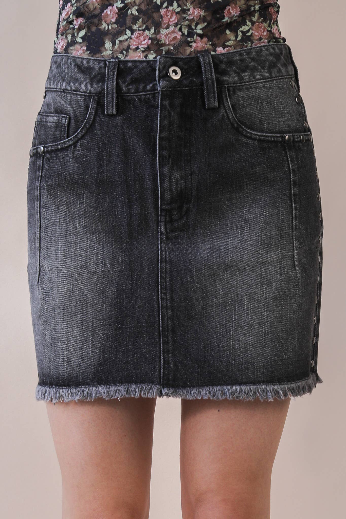 Side Stud Detail Washed Denim Mini Skirt