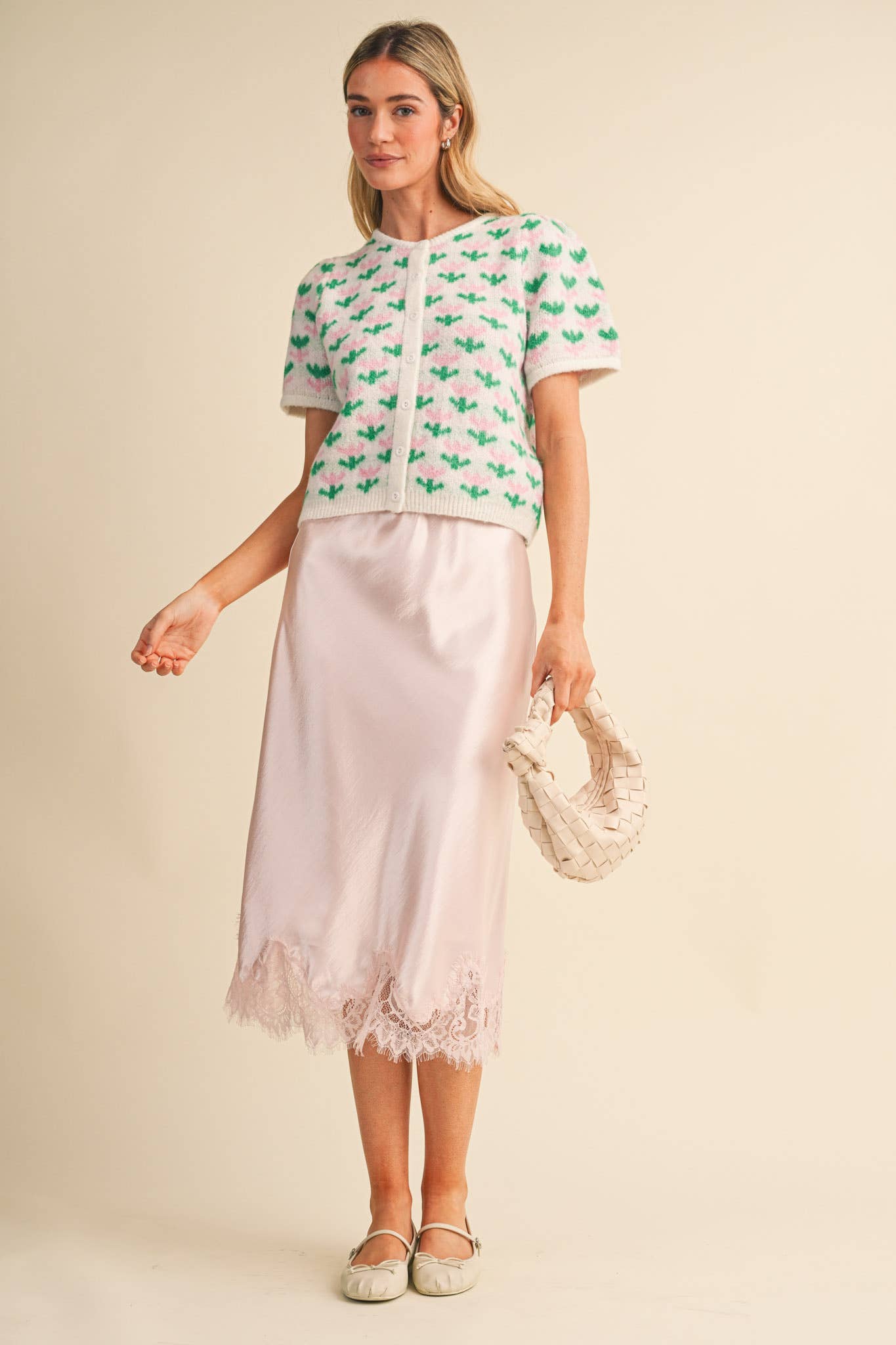 SATIN MIDI SLIP SKIRT WITH LACE HEM