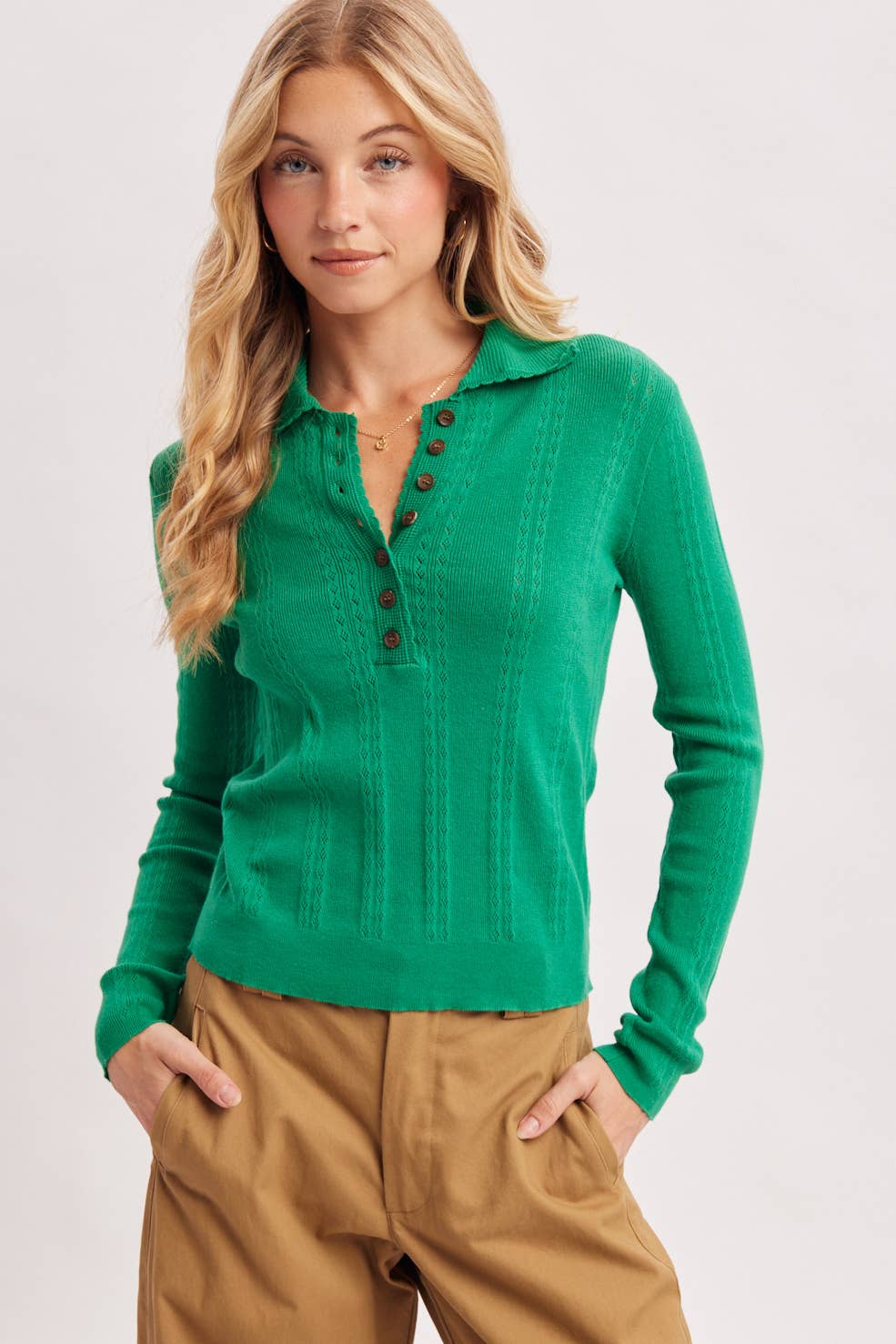 BUTTON-UP HENLEY NECK POINTELLE KNIT POLO TOP in Beige