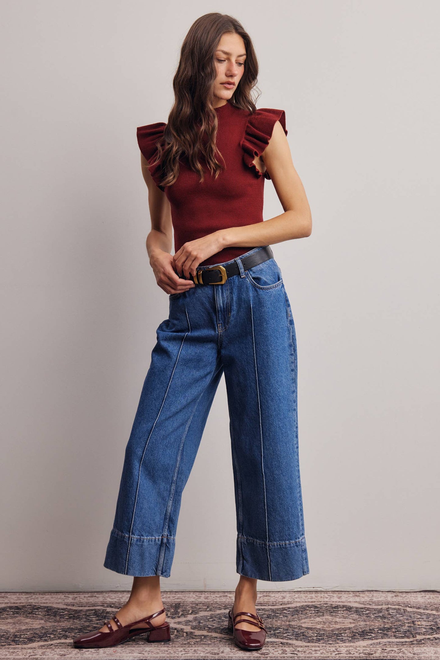 Ruffle Sleeve Rib Knit Top