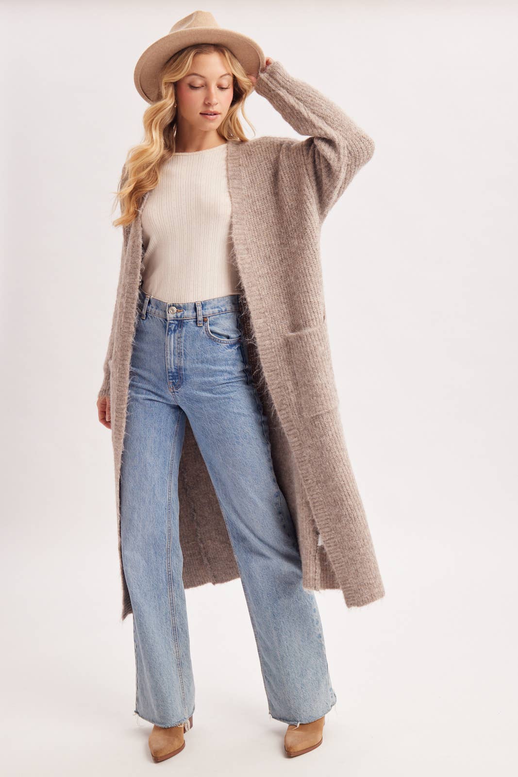OPEN FRONT LONGLINE FUZZY KNIT SWEATER CARDIGAN in Taupe