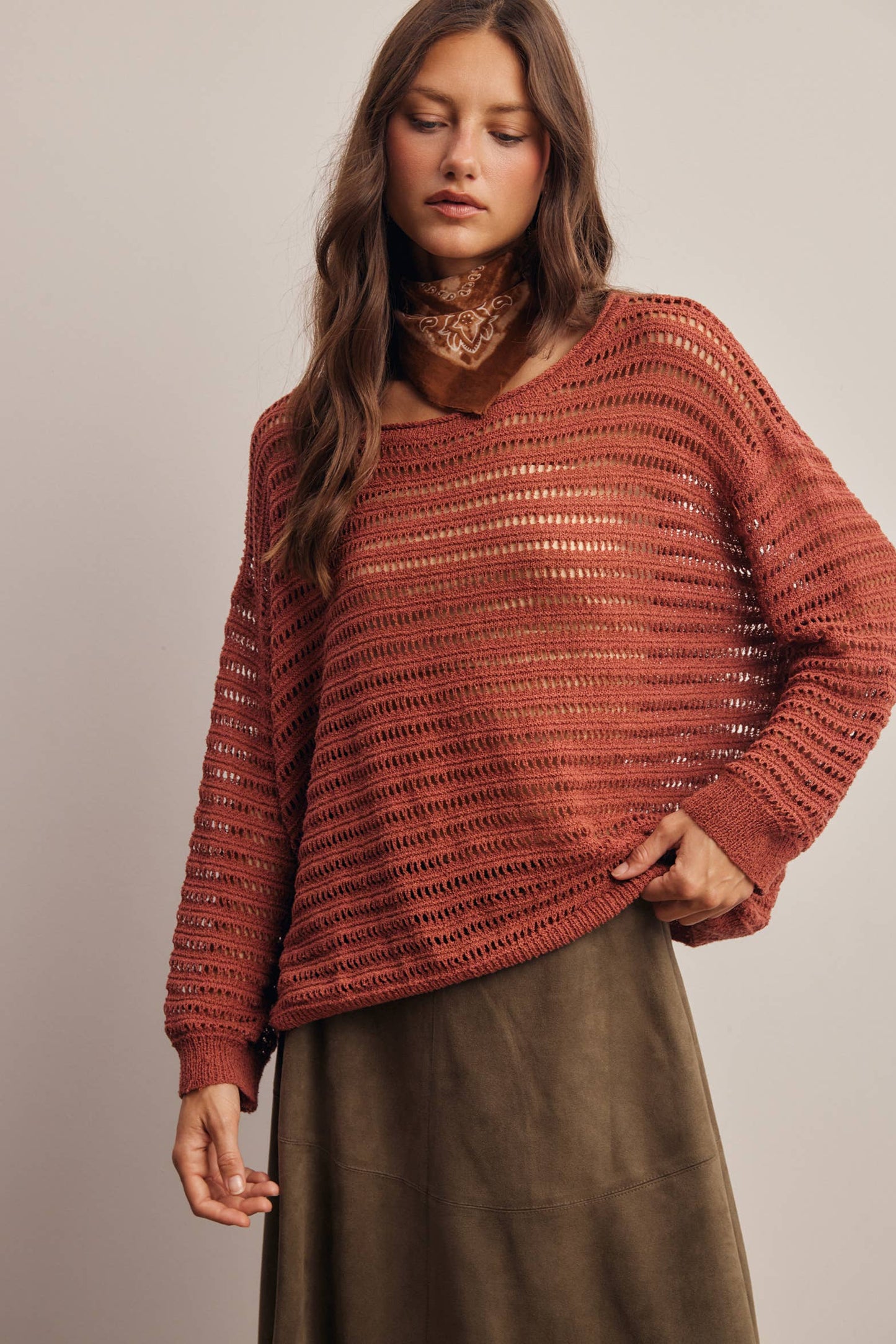 Open-Knit Stripe Sweater Top in Terracotta
