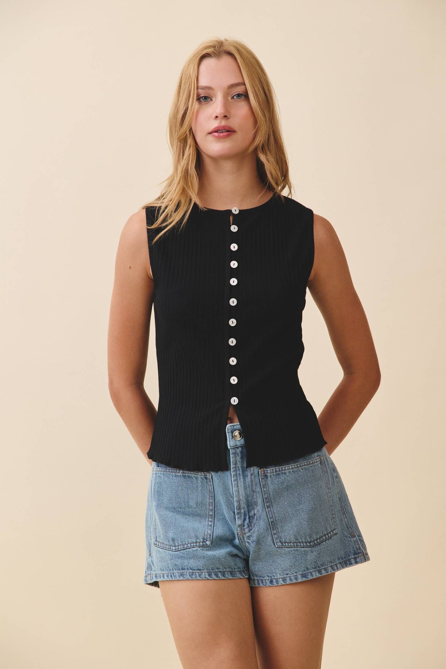 Ribbed Button Front Tank Top