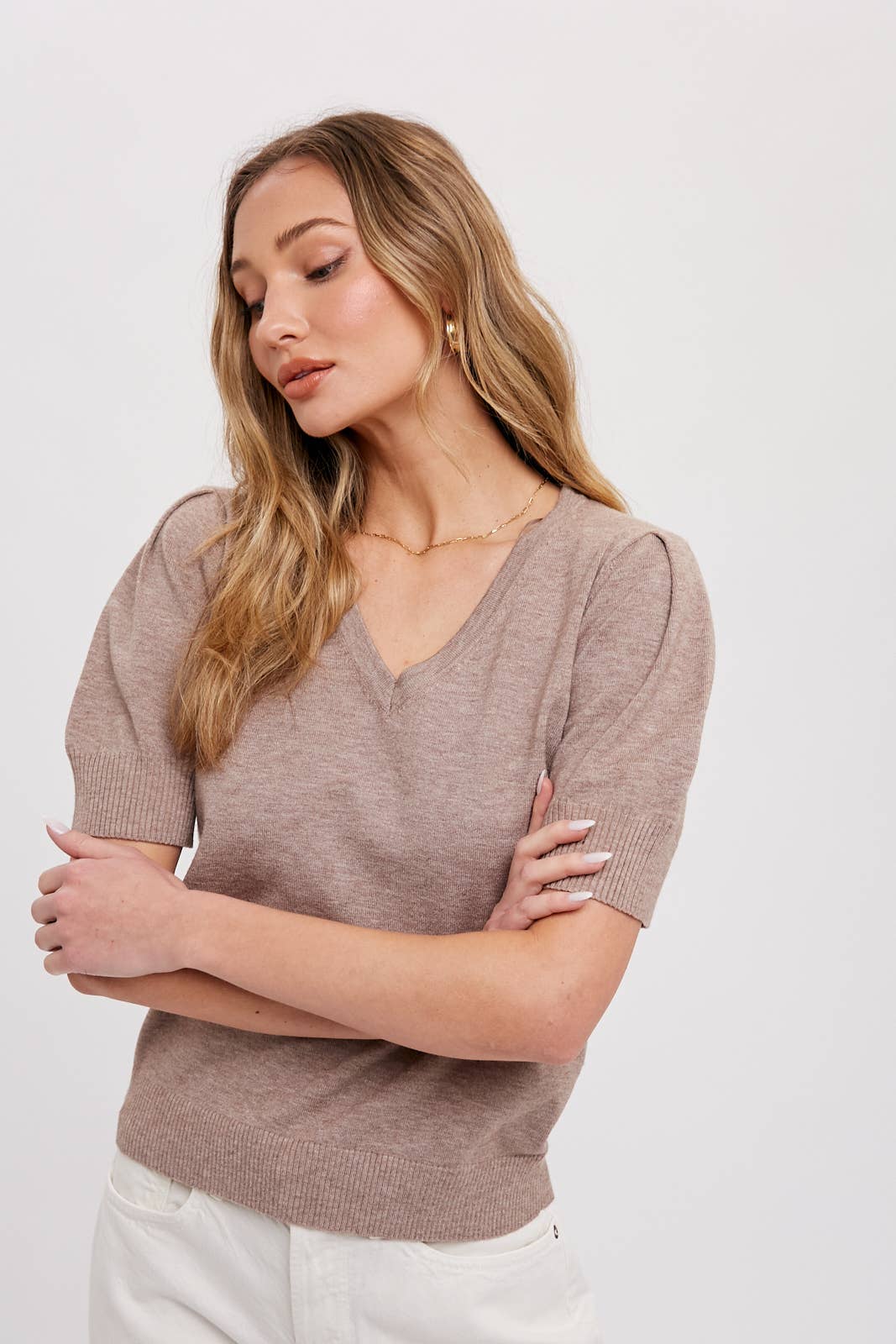 V-Neck puff sleeve lightweight sweater