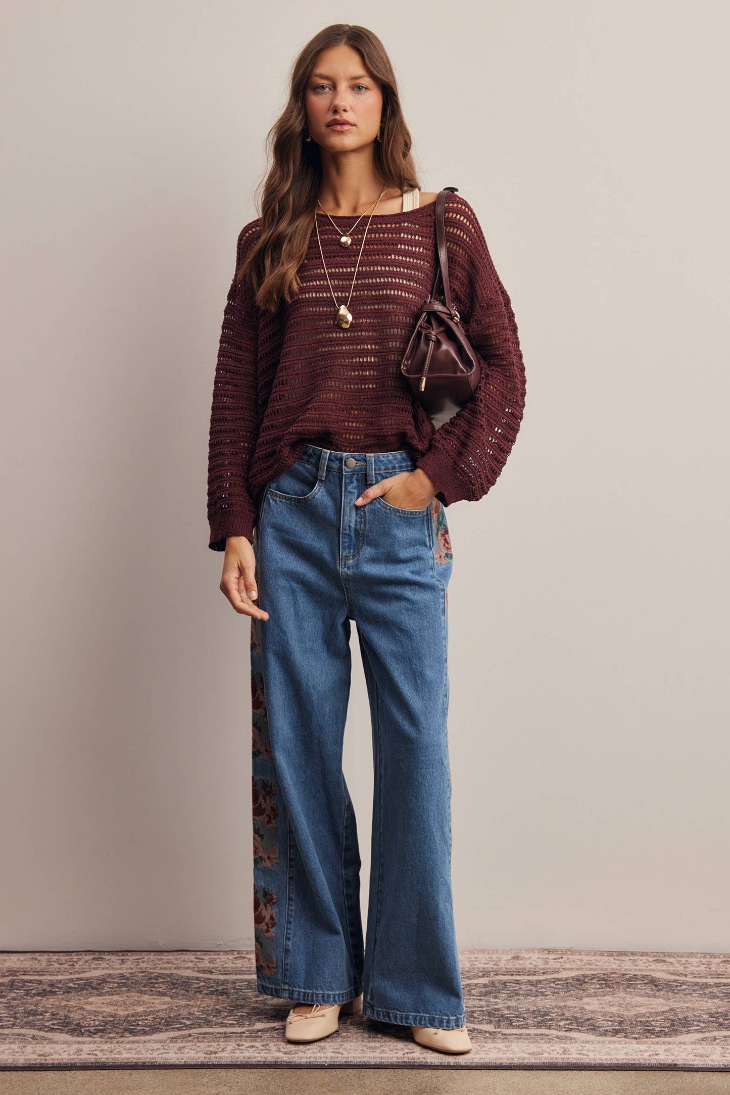 Open-Knit Stripe Sweater in Burgundy