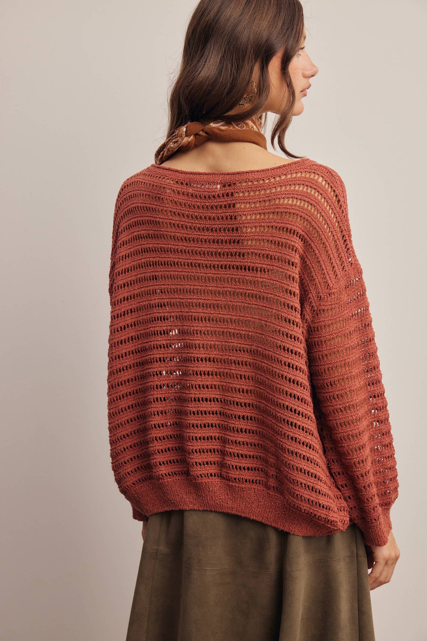 Open-Knit Stripe Sweater Top in Terracotta