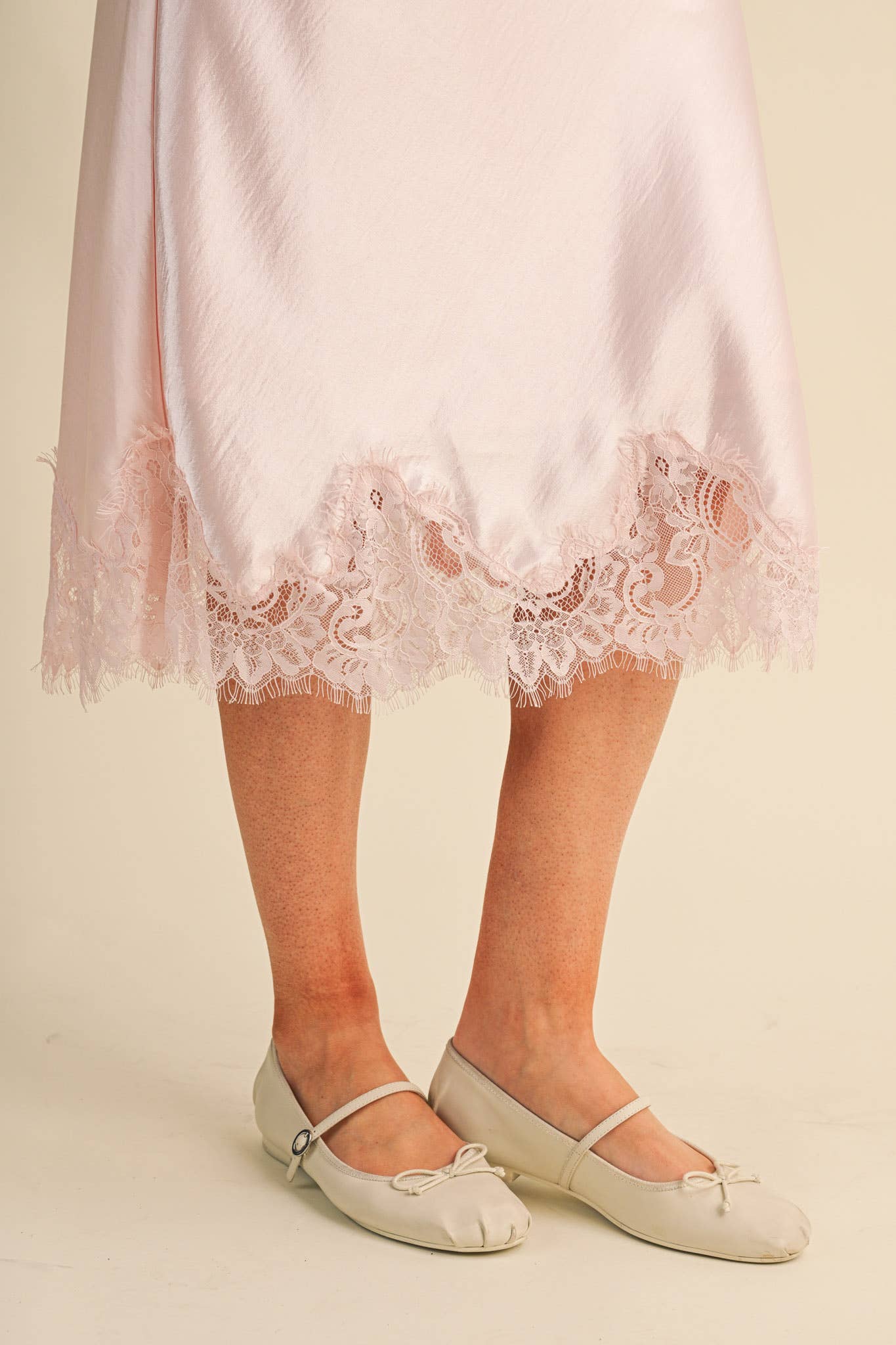 SATIN MIDI SLIP SKIRT WITH LACE HEM