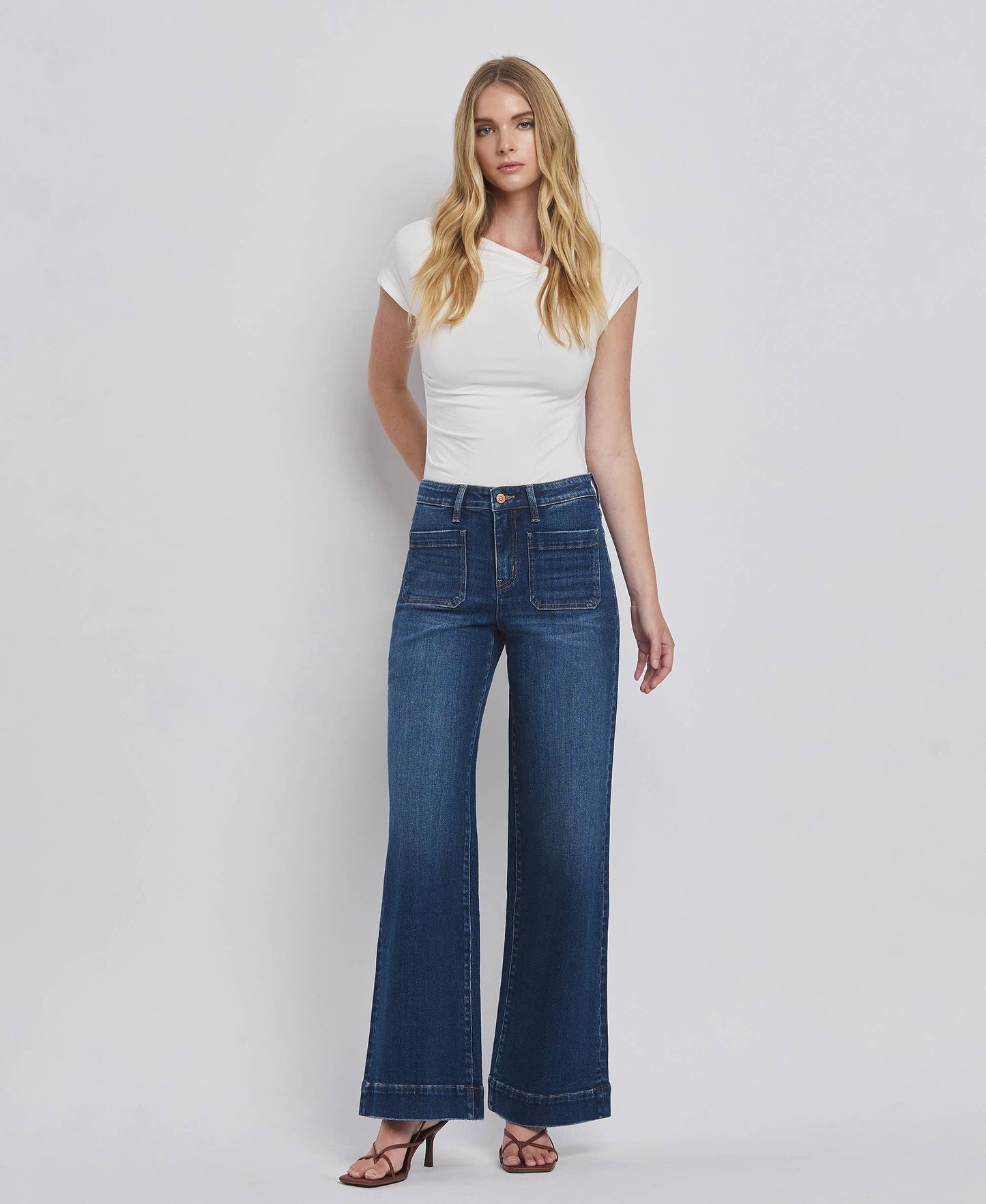 FLYING MONKEY HIGH RISE PATCH POCKET TROUSER  HEM WIDE JEANS