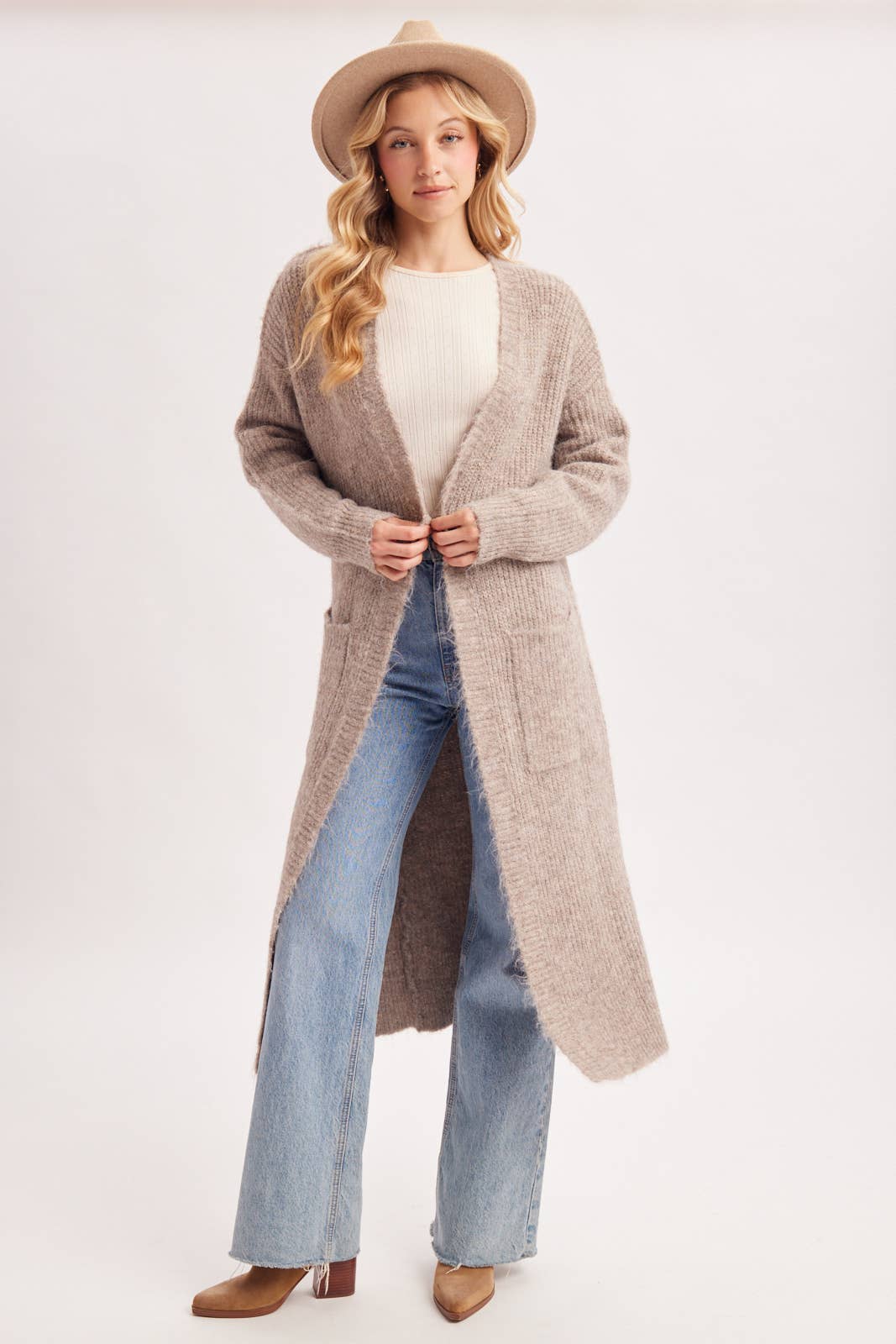OPEN FRONT LONGLINE FUZZY KNIT SWEATER CARDIGAN in Taupe