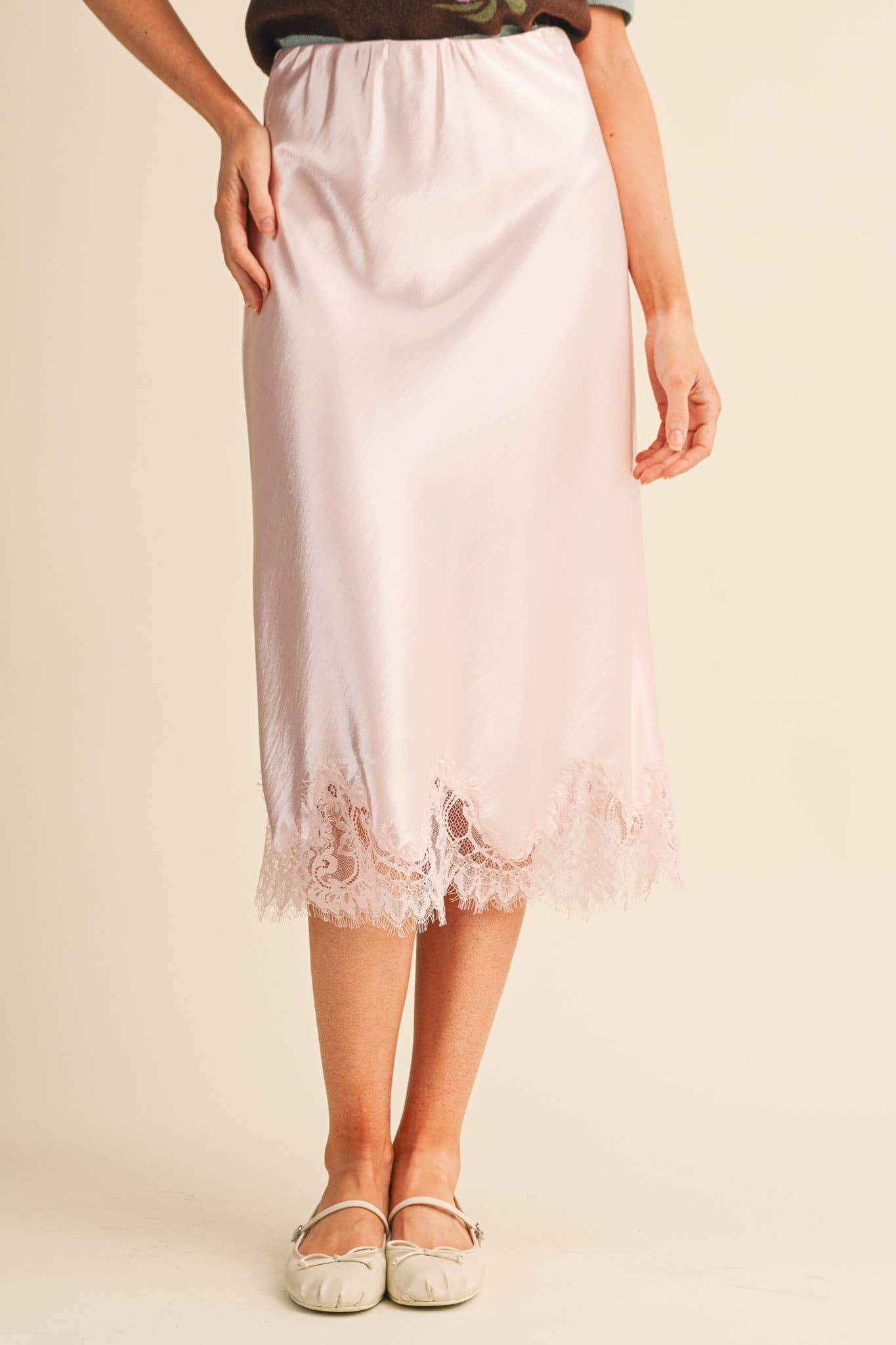 SATIN MIDI SLIP SKIRT WITH LACE HEM