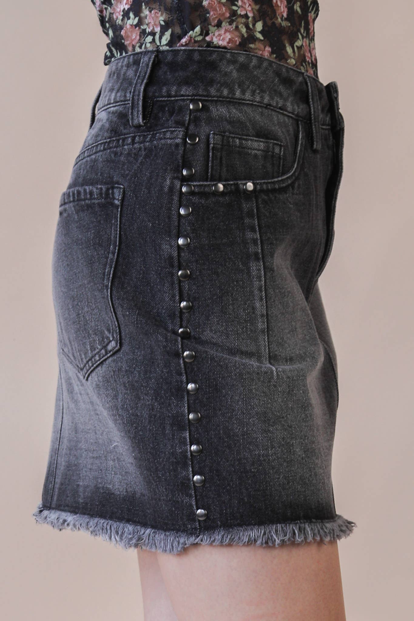 Side Stud Detail Washed Denim Mini Skirt