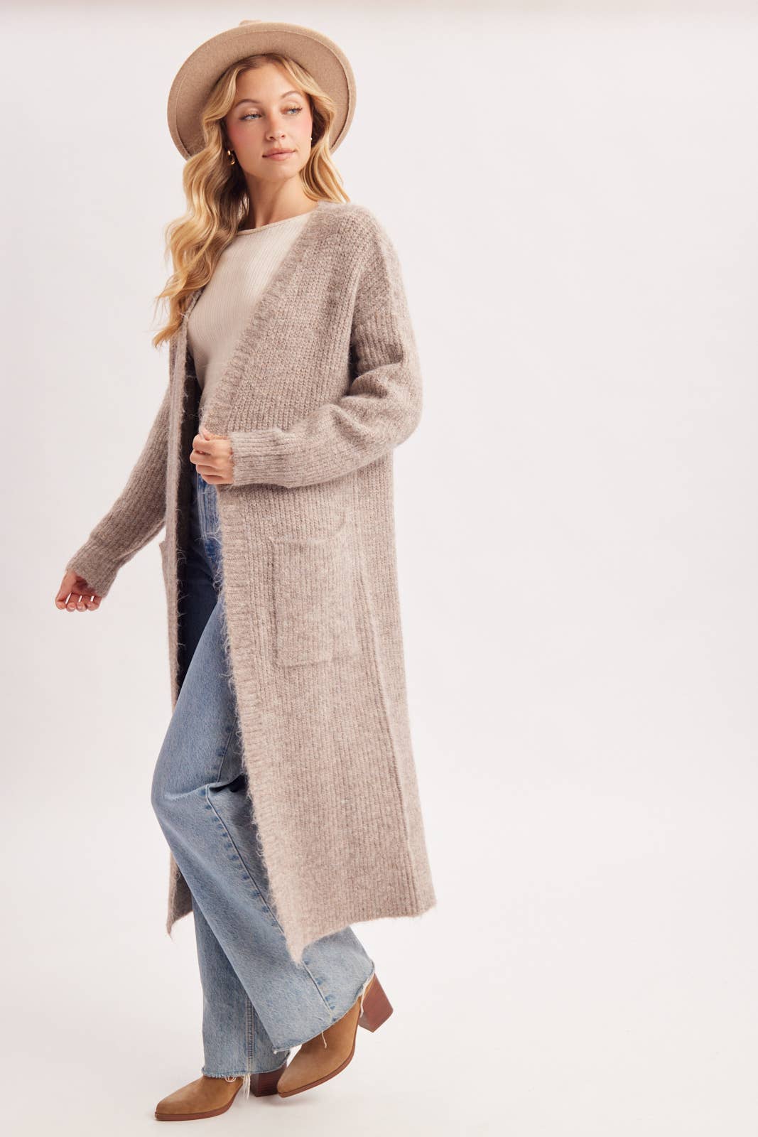 OPEN FRONT LONGLINE FUZZY KNIT SWEATER CARDIGAN in Taupe