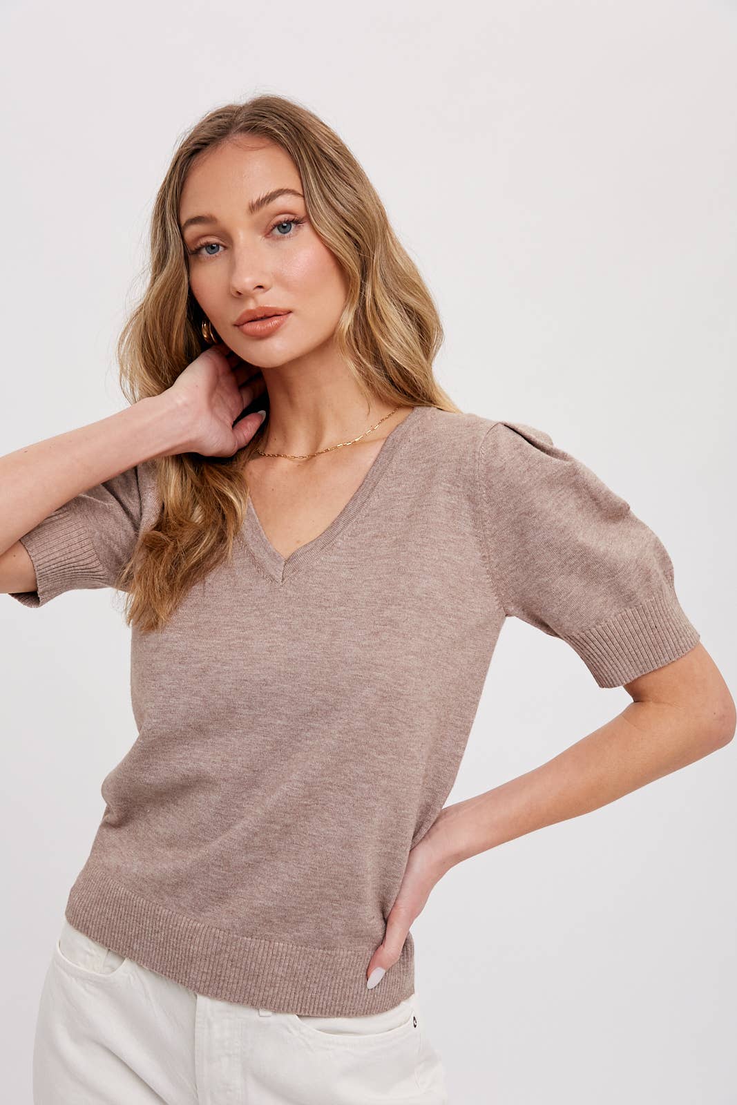 V-Neck puff sleeve lightweight sweater