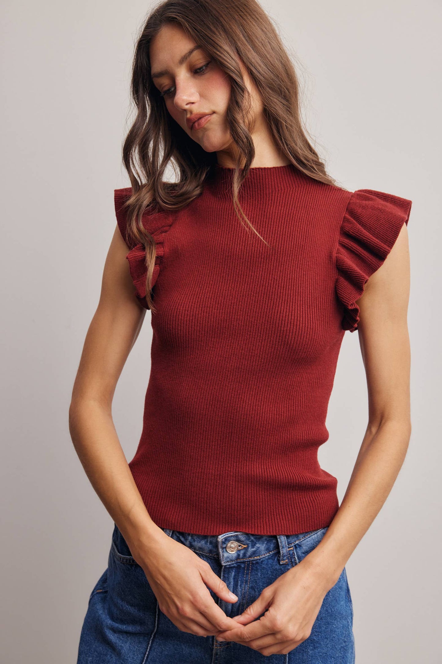 Ruffle Sleeve Rib Knit Top