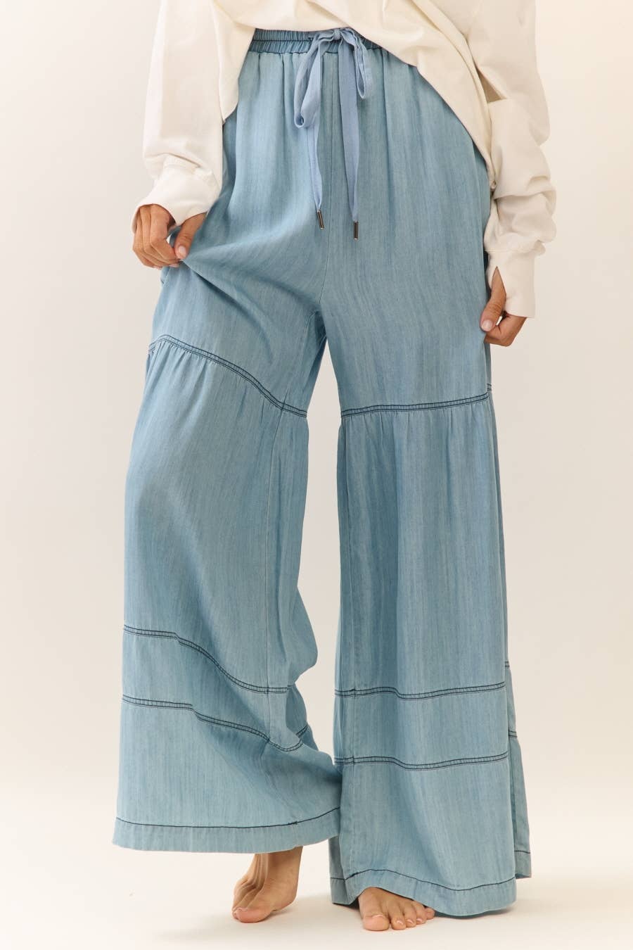 Washed Denim Tiered Wide Leg Pants