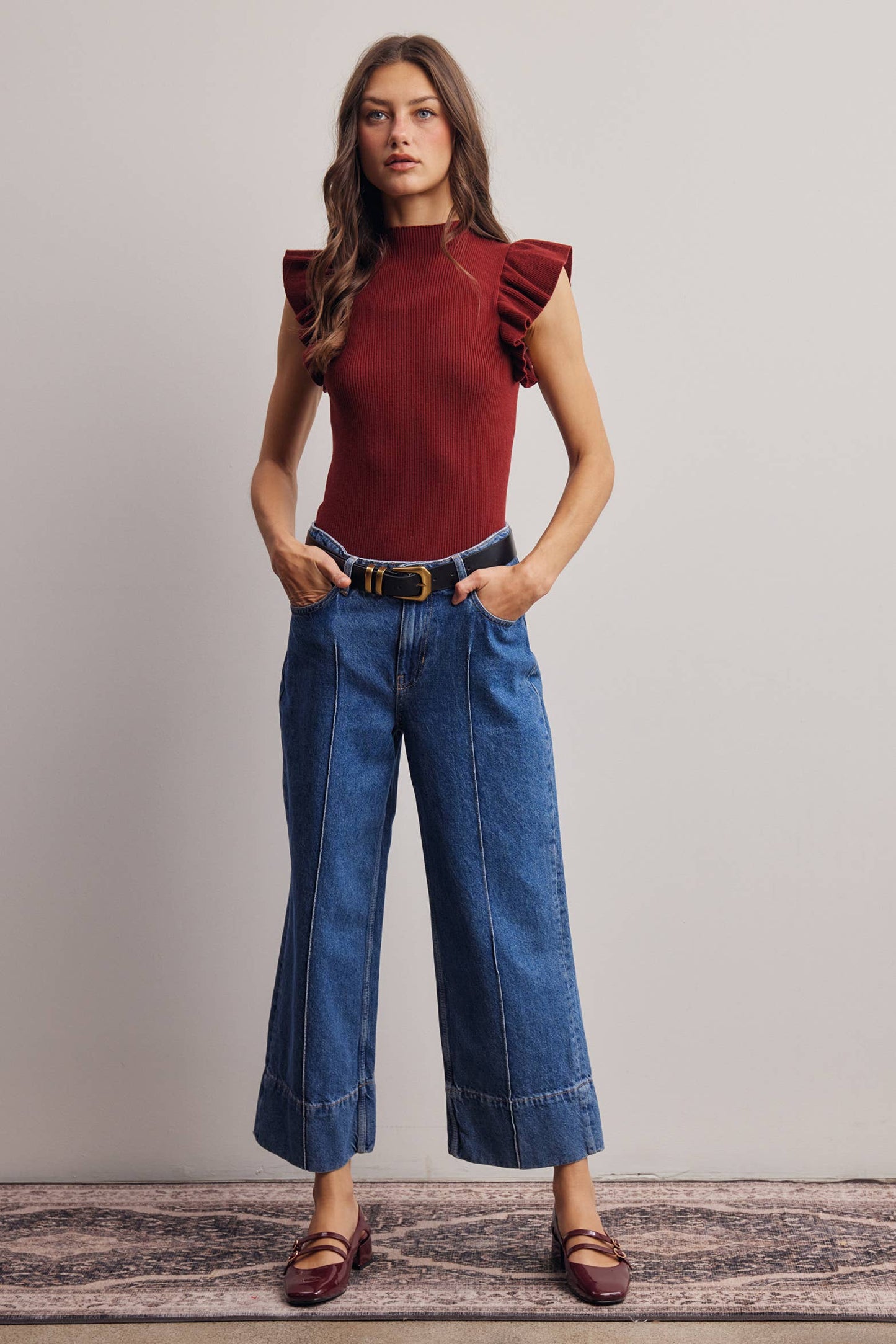 Ruffle Sleeve Rib Knit Top