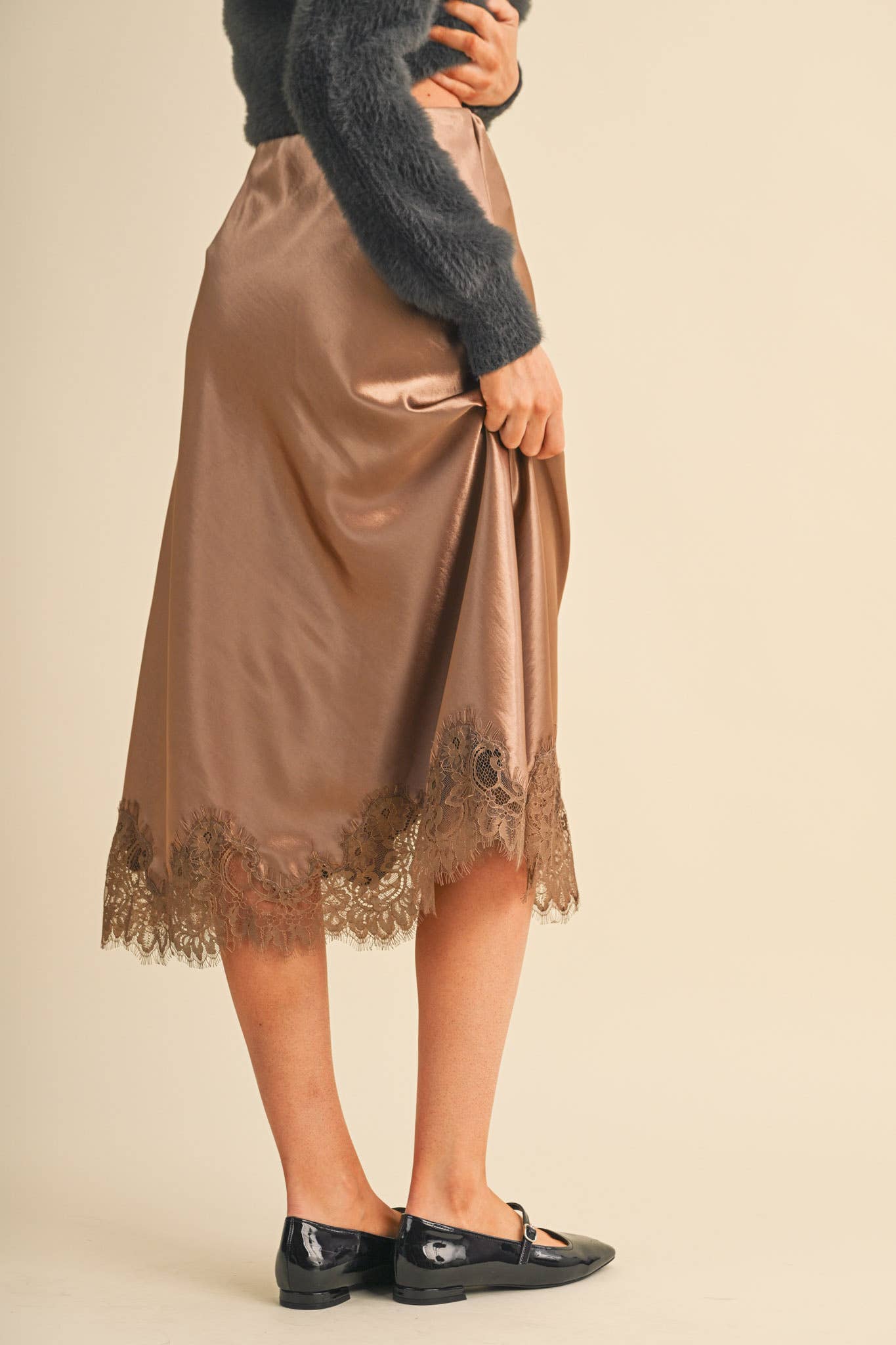 SATIN MIDI SLIP SKIRT WITH LACE HEM