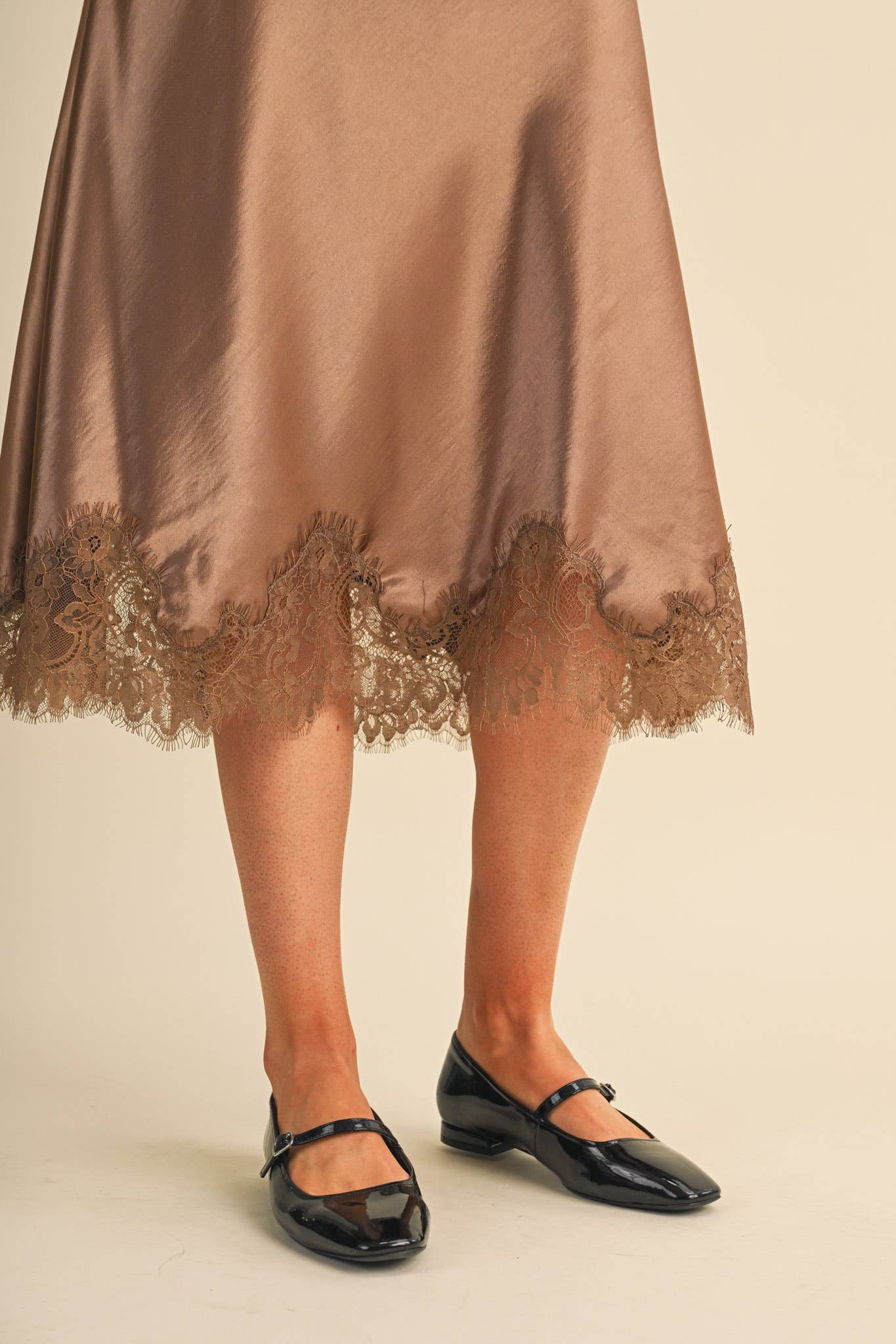 SATIN MIDI SLIP SKIRT WITH LACE HEM