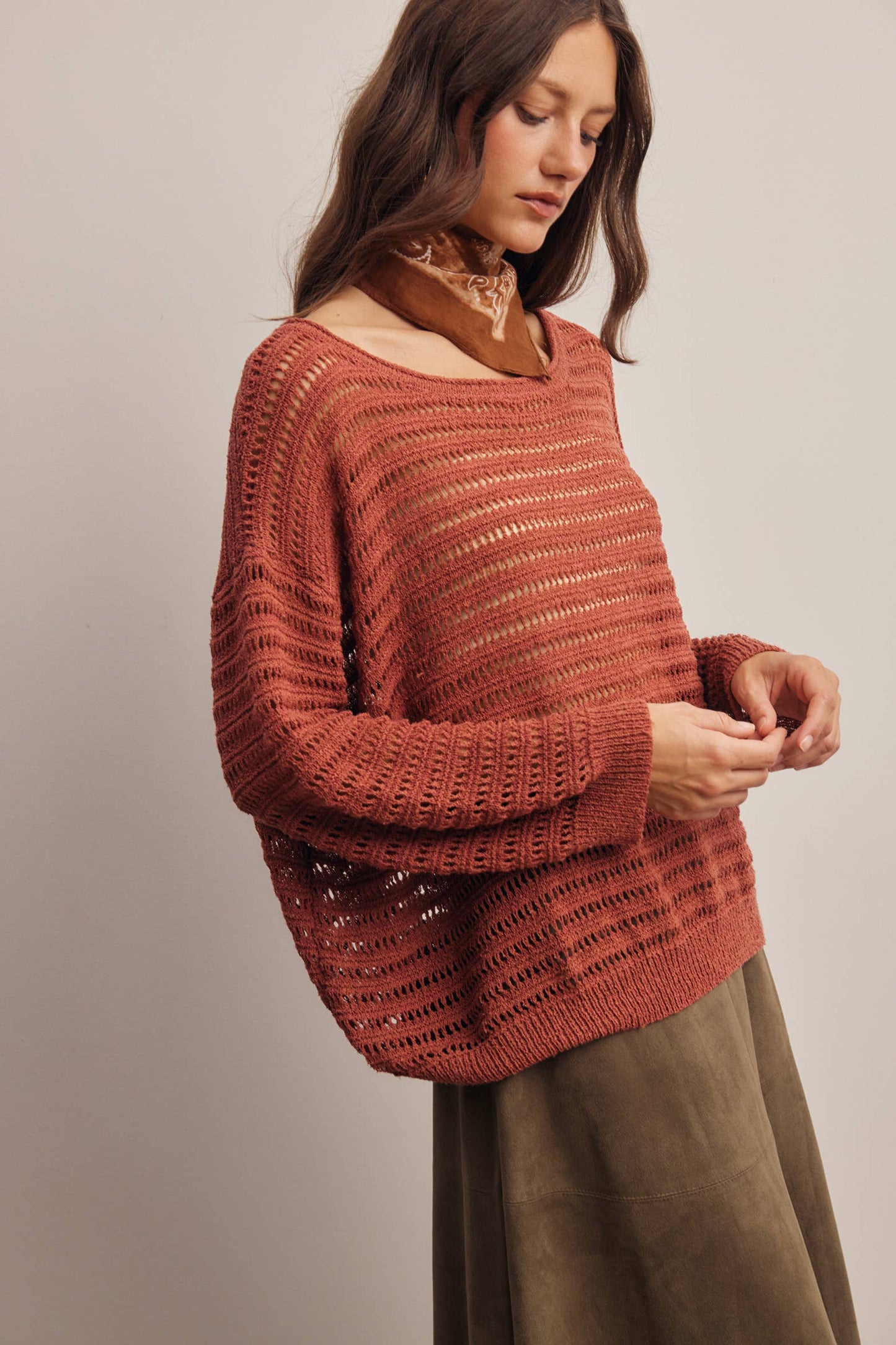 Open-Knit Stripe Sweater Top in Terracotta