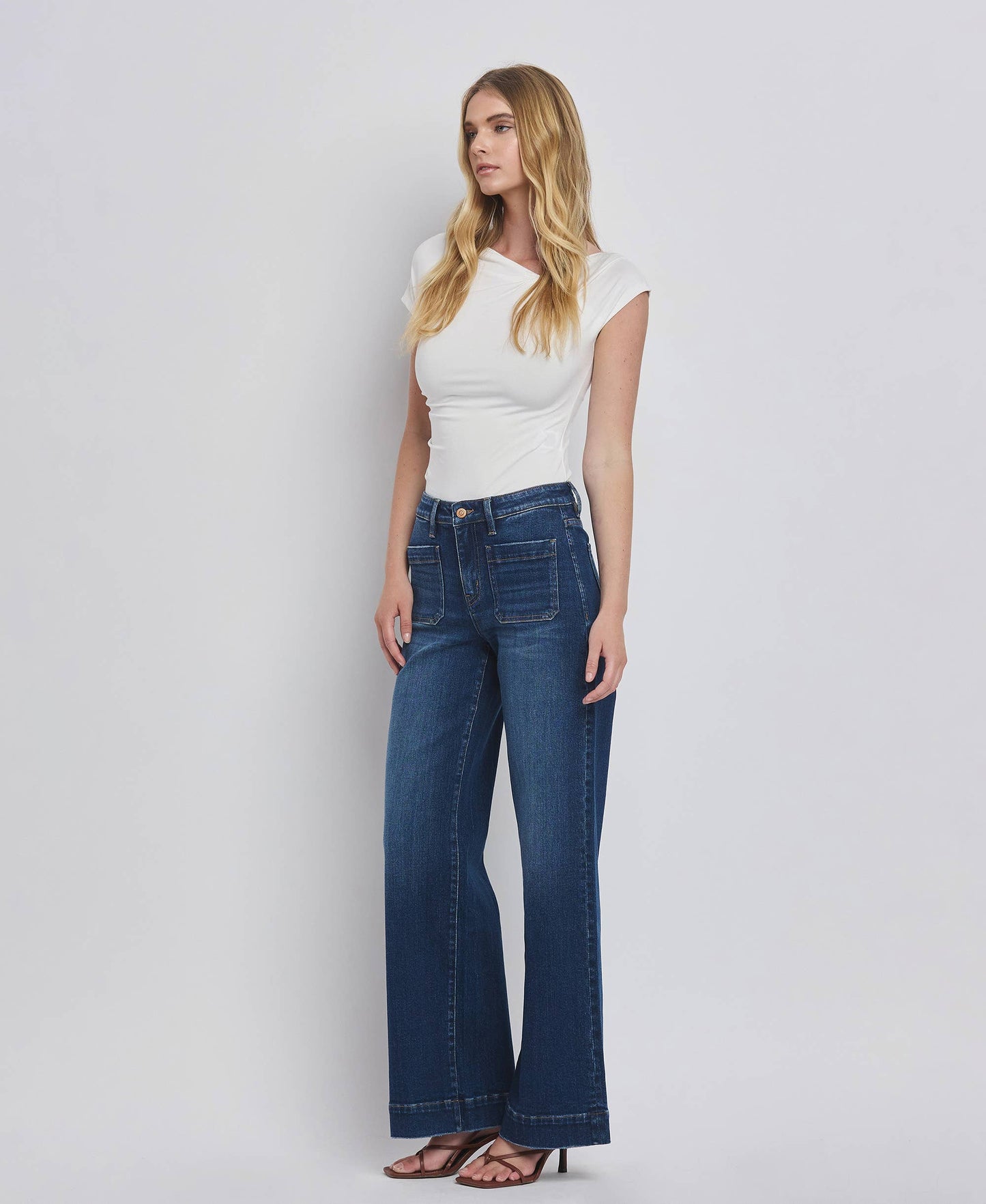 FLYING MONKEY HIGH RISE PATCH POCKET TROUSER  HEM WIDE JEANS