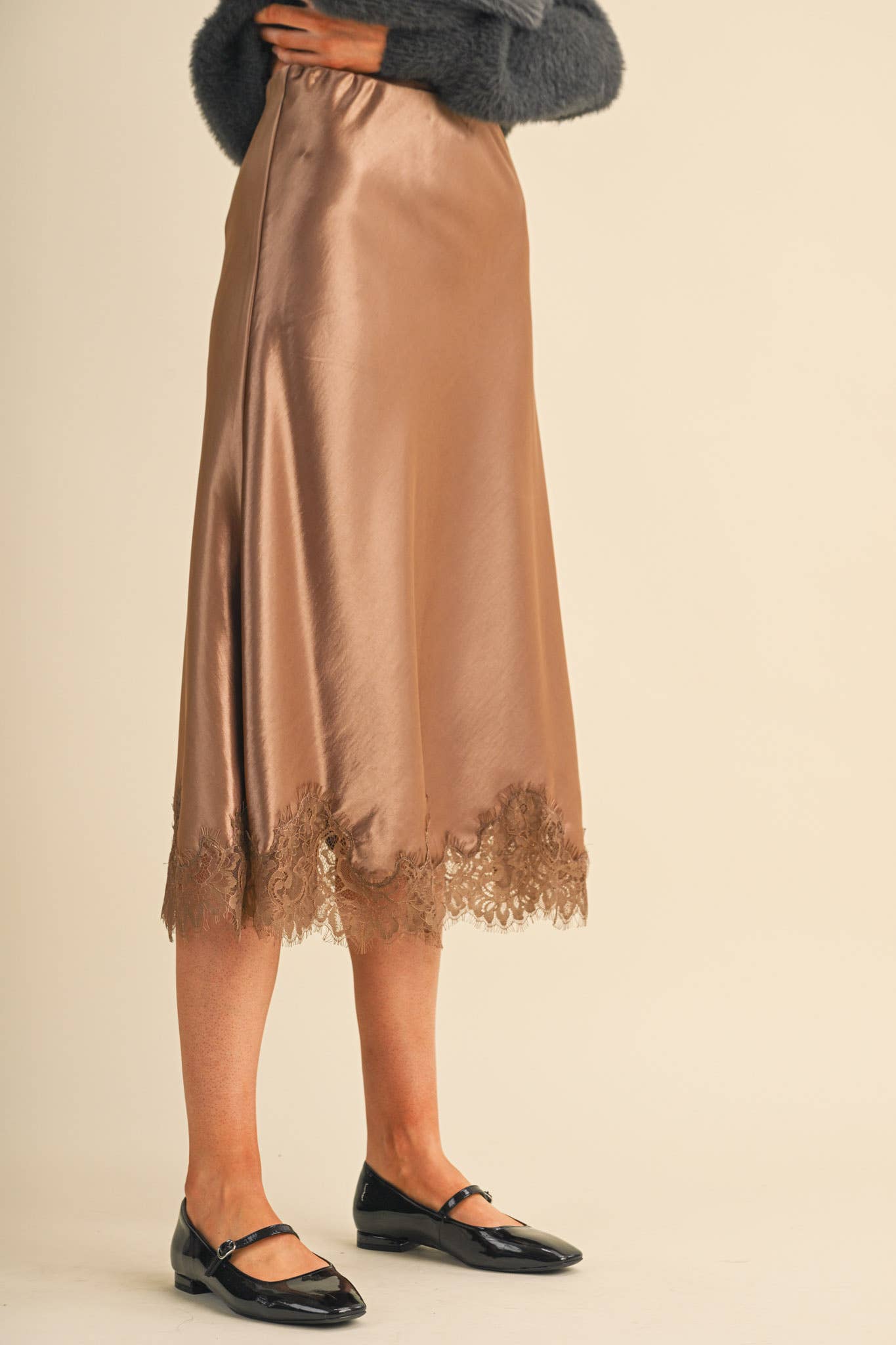 SATIN MIDI SLIP SKIRT WITH LACE HEM