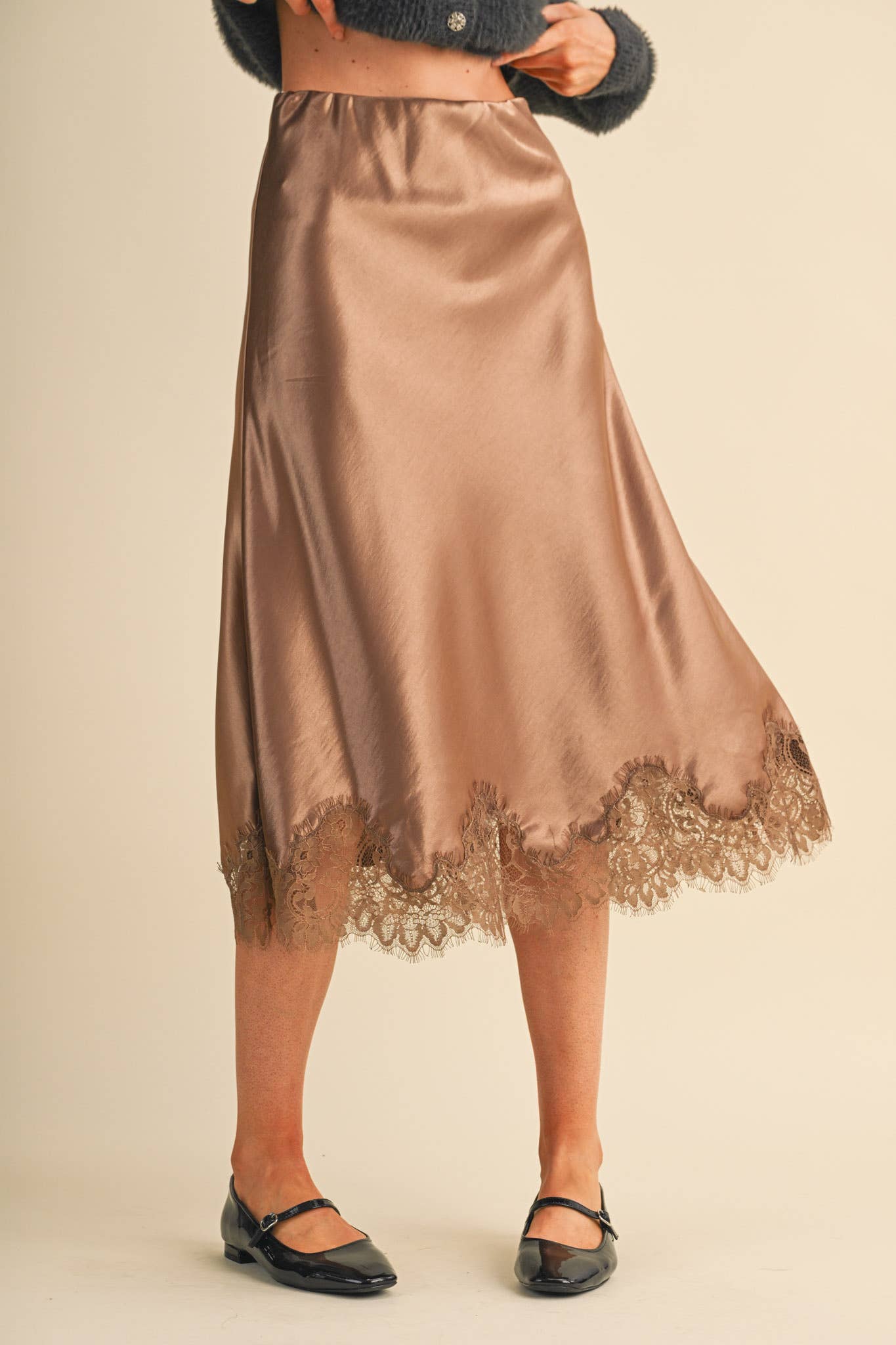 SATIN MIDI SLIP SKIRT WITH LACE HEM
