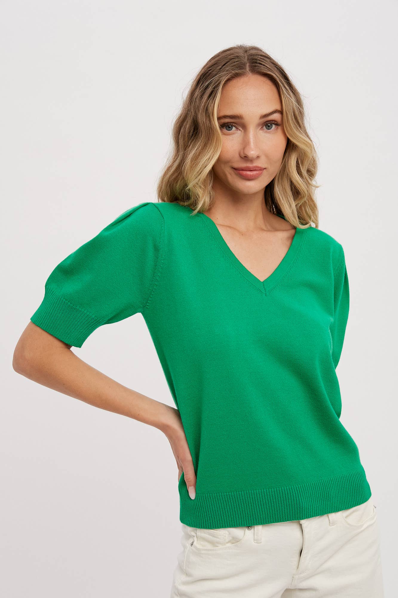 V-Neck puff sleeve lightweight sweater