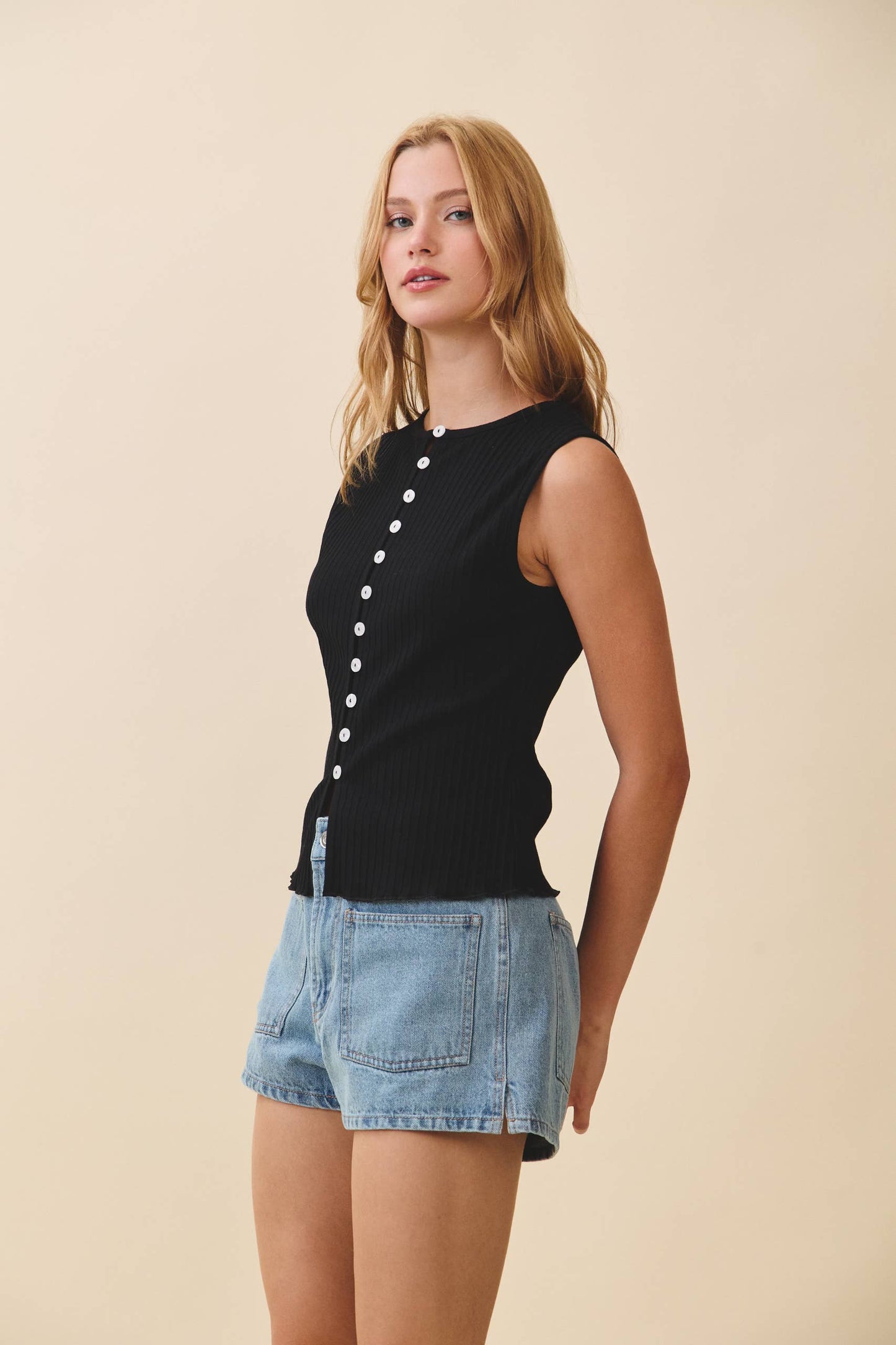 Ribbed Button Front Tank Top