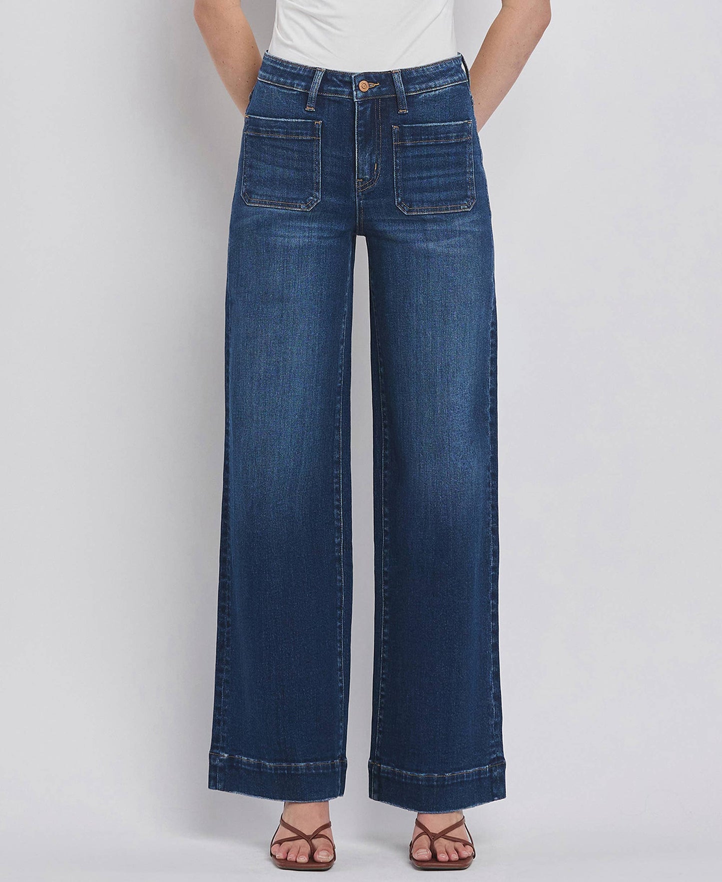 FLYING MONKEY HIGH RISE PATCH POCKET TROUSER  HEM WIDE JEANS