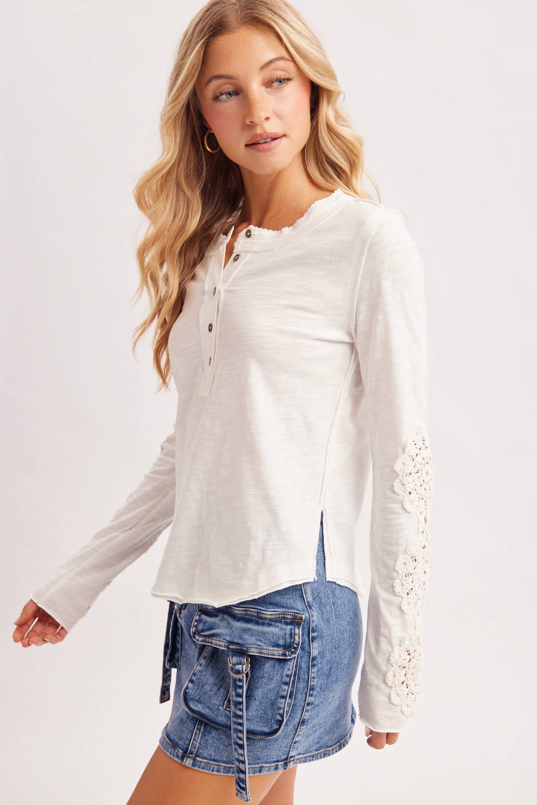 BLACK CROCHET PATCH SLEEVED HALF BUTTON ROUND NECK TOP