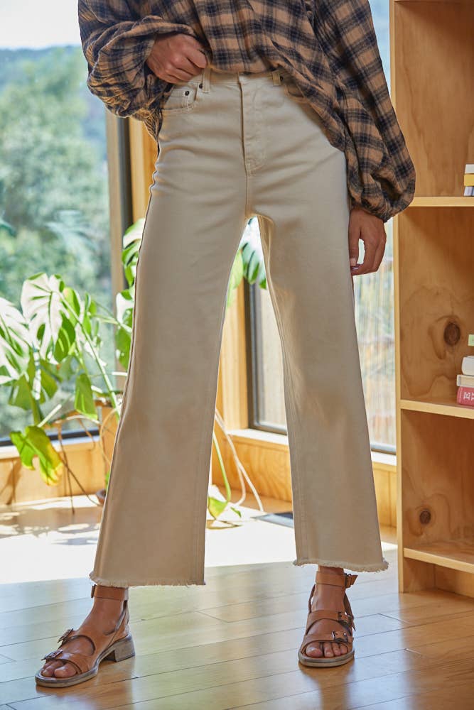 BD239 | Woven Cotton Wide Leg High Waist Denim Jeans in Cream