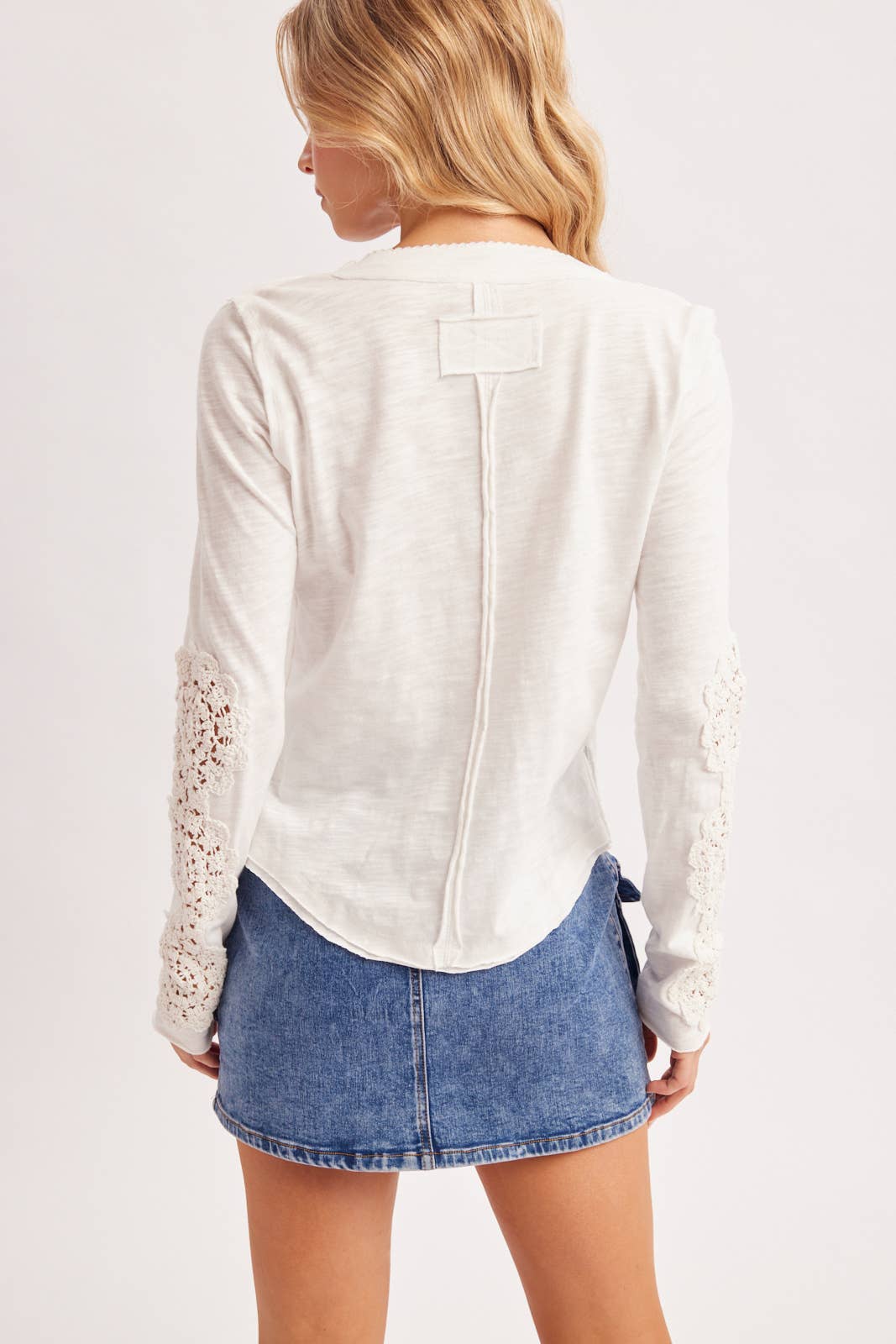 BLACK CROCHET PATCH SLEEVED HALF BUTTON ROUND NECK TOP