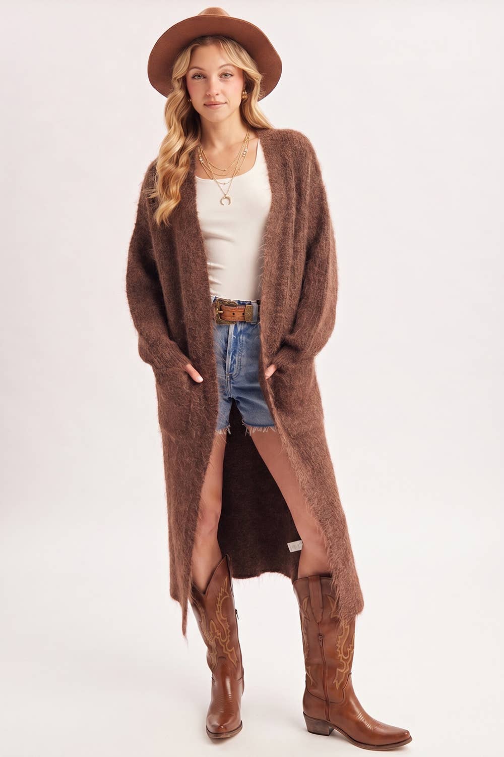 OPEN FRONT LONGLINE FUZZY KNIT SWEATER CARDIGAN in Taupe