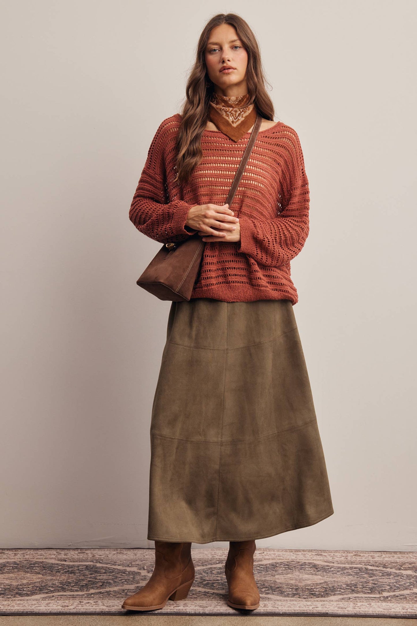 Open-Knit Stripe Sweater Top in Terracotta