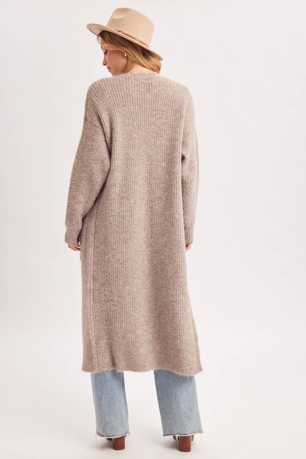 OPEN FRONT LONGLINE FUZZY KNIT SWEATER CARDIGAN in Taupe
