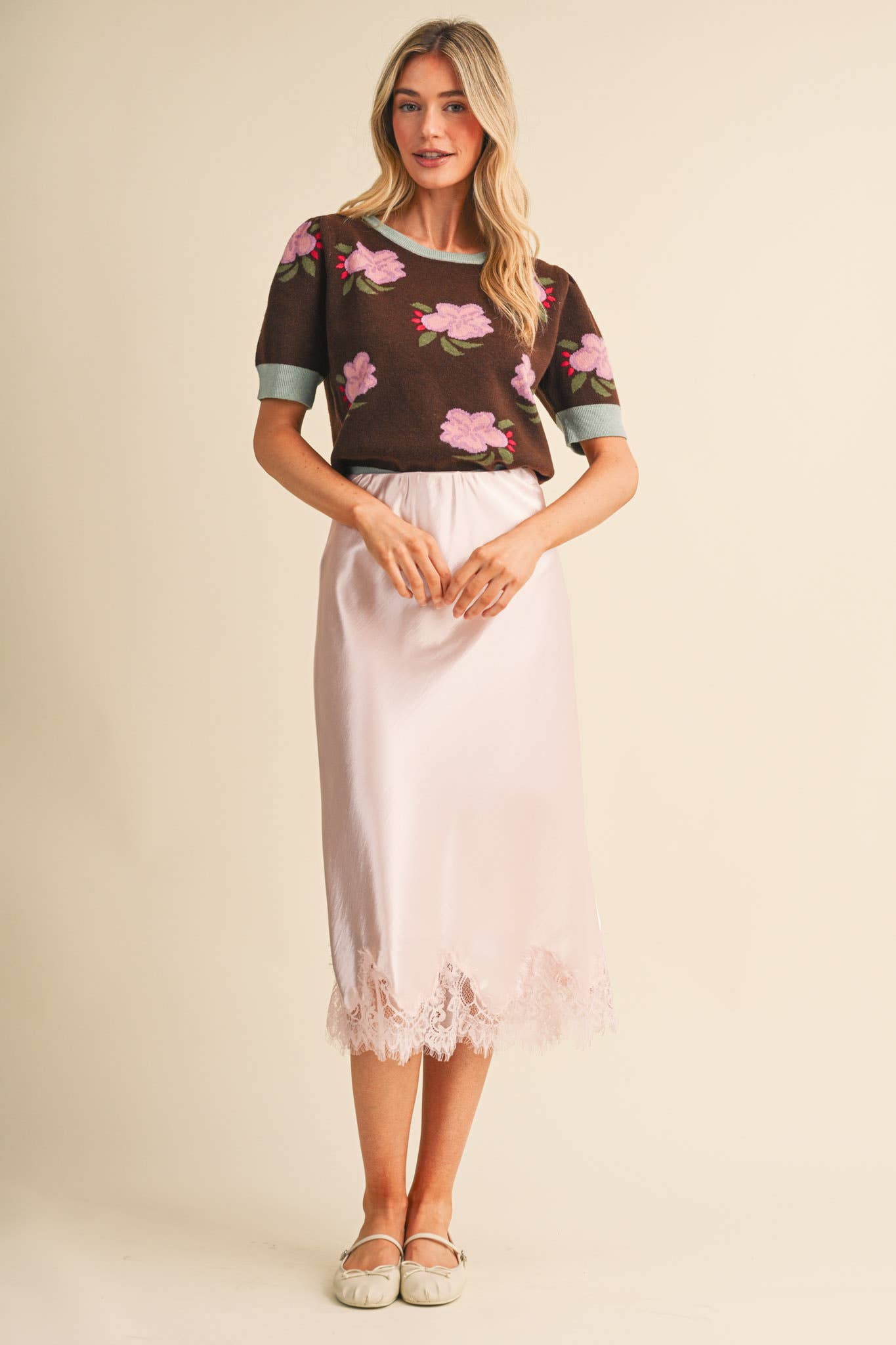 SATIN MIDI SLIP SKIRT WITH LACE HEM