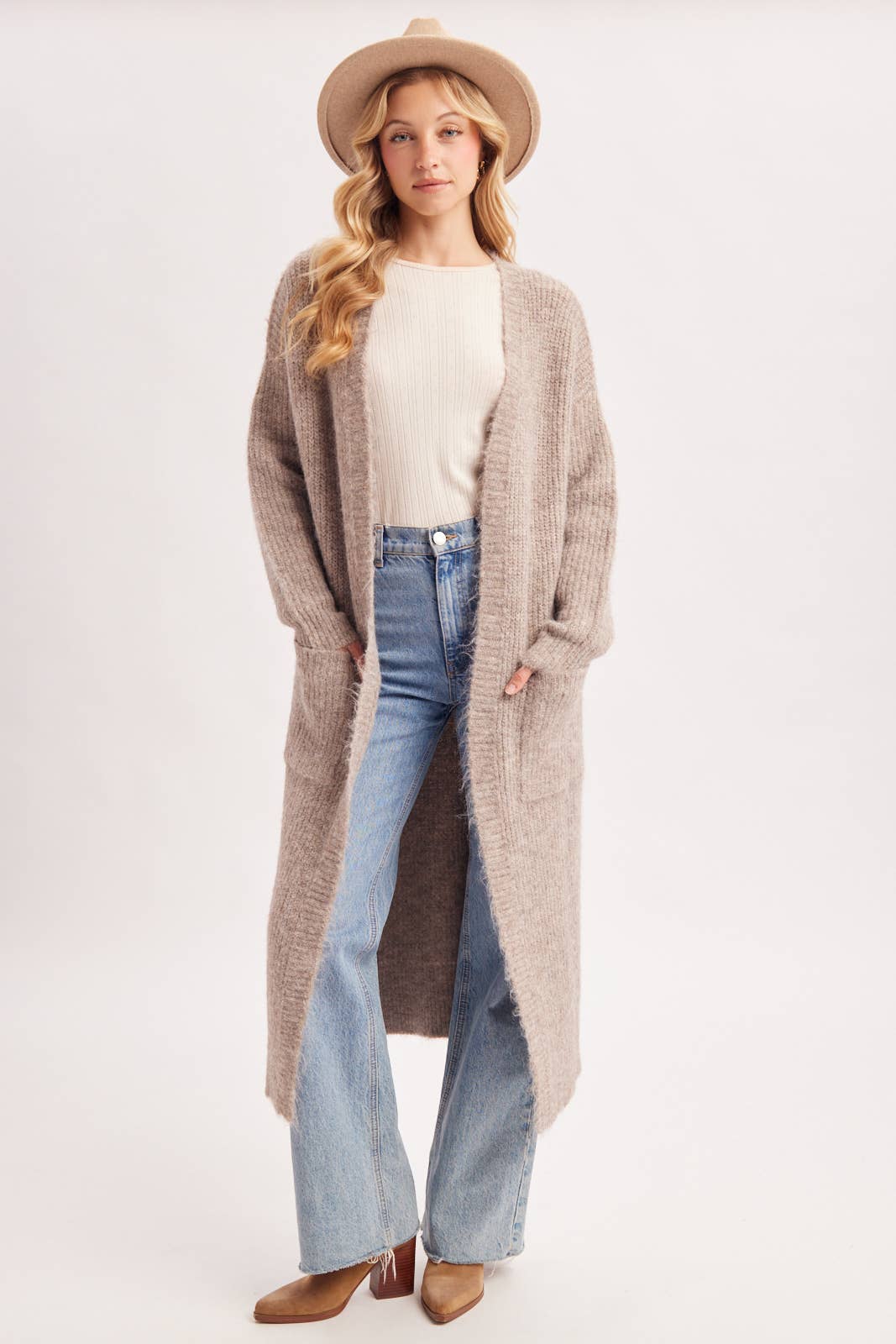 OPEN FRONT LONGLINE FUZZY KNIT SWEATER CARDIGAN in Taupe