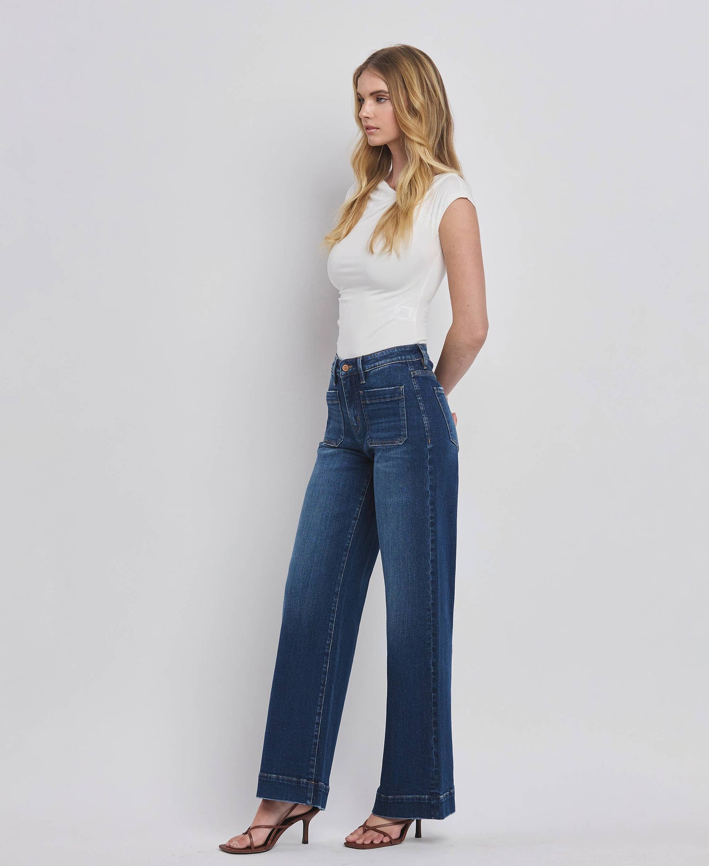FLYING MONKEY HIGH RISE PATCH POCKET TROUSER  HEM WIDE JEANS