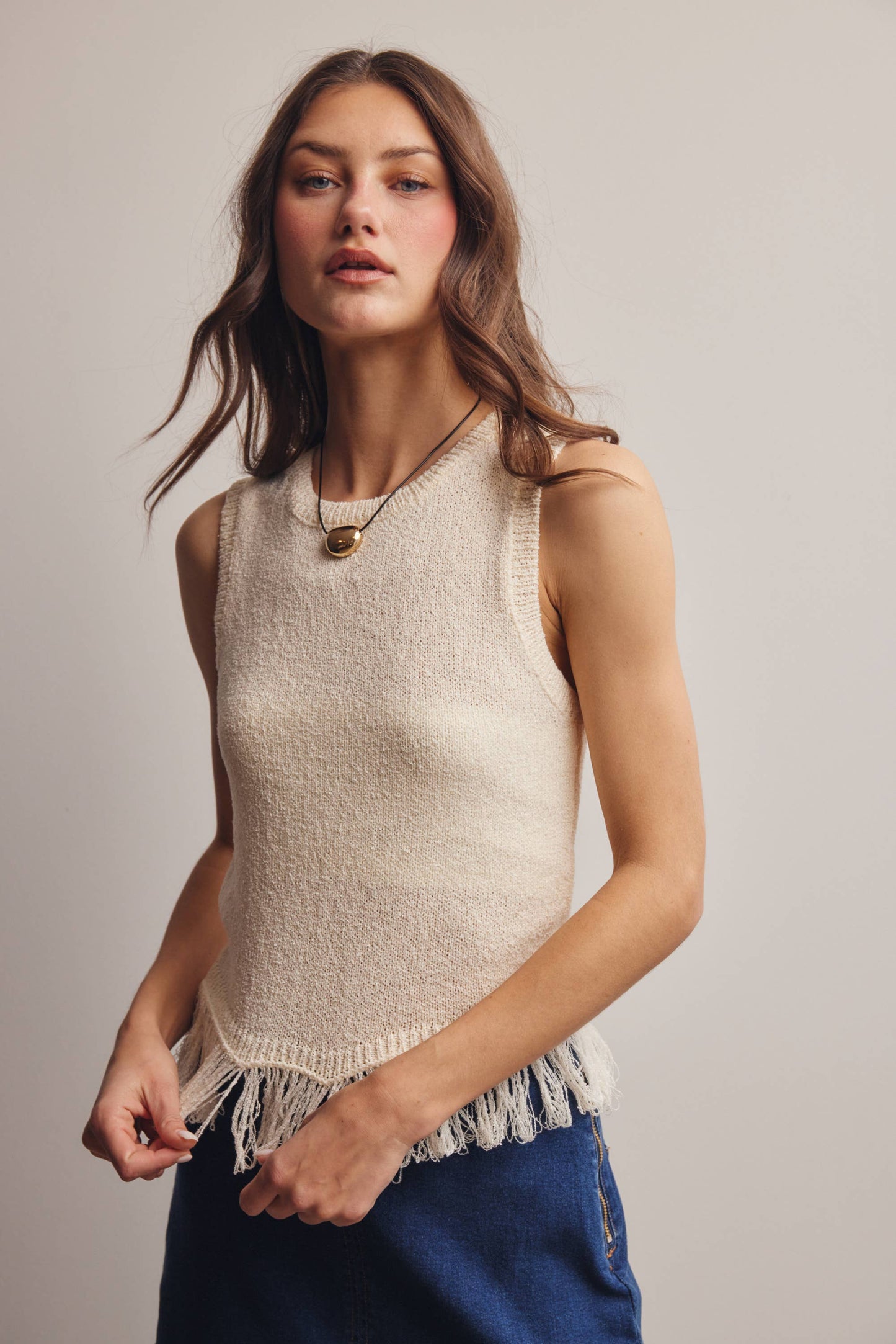 Fringe Hem Sleeveless Knit Top