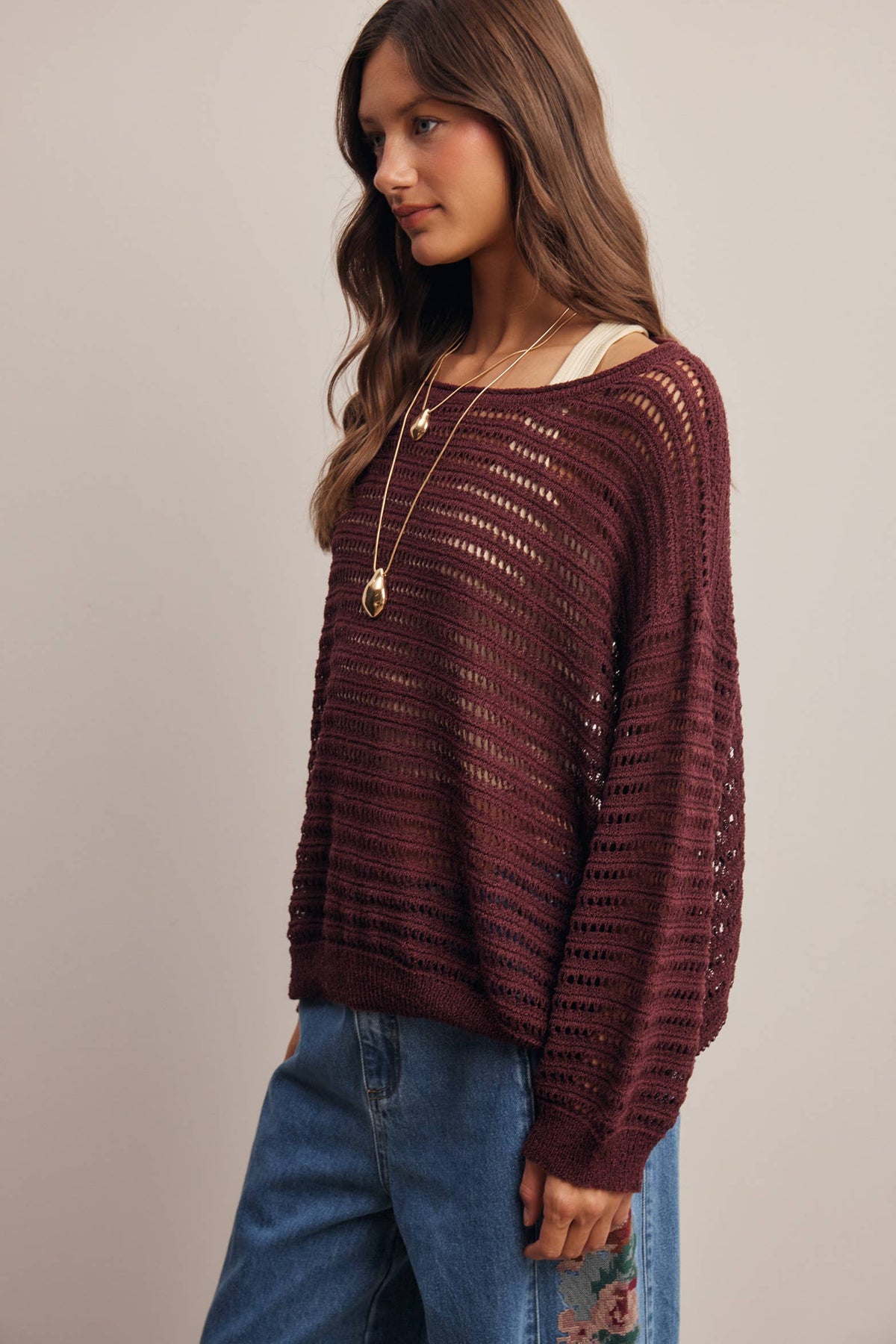 Open-Knit Stripe Sweater in Burgundy